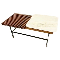 Mid-Century Modern Wooden Slatted Bench / Marble Side Table, Italy, 1960s
