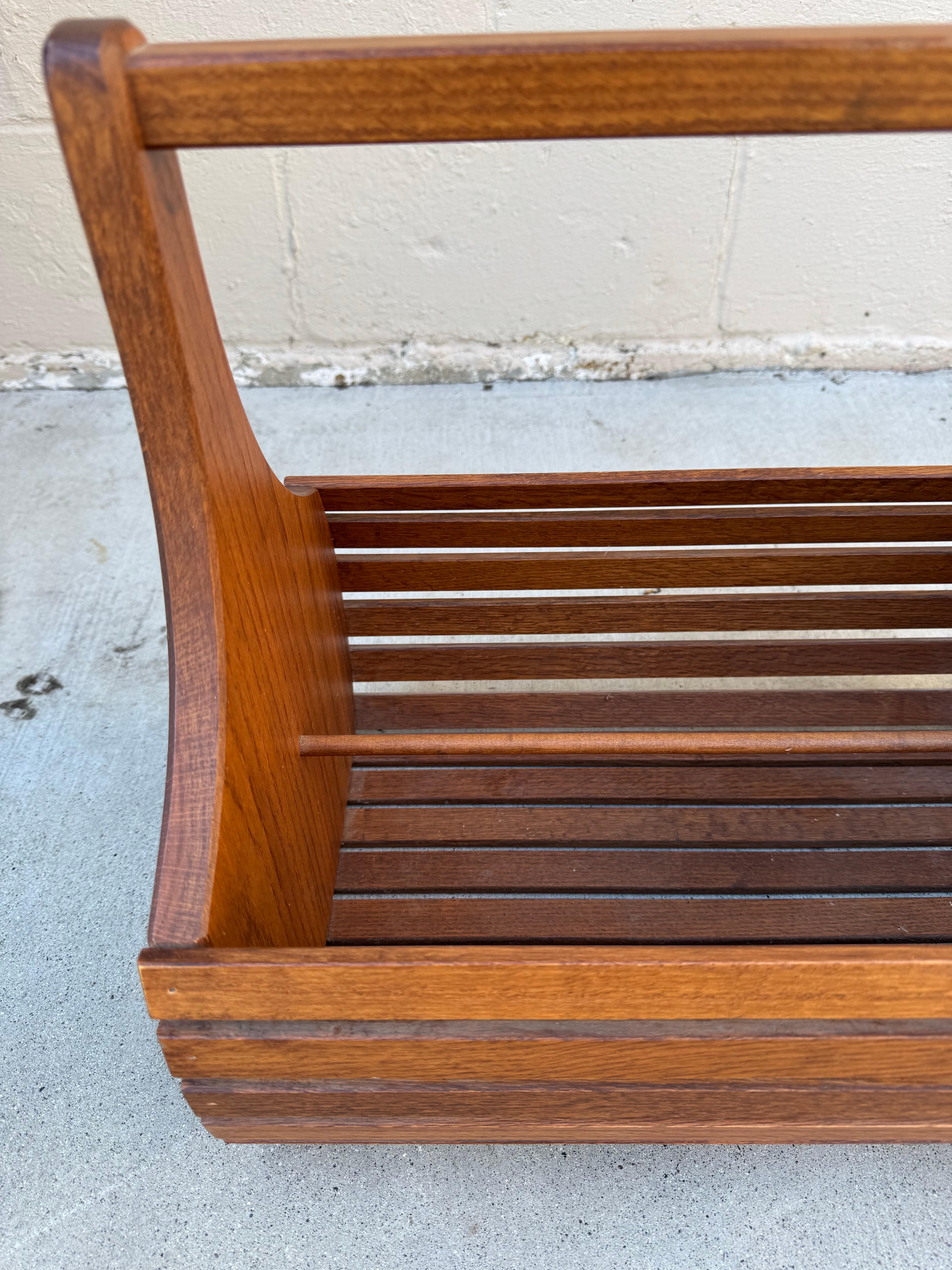 Mid-Century Modern Wooden Slatted Magazine Basket Scandinavian Style For Sale 4