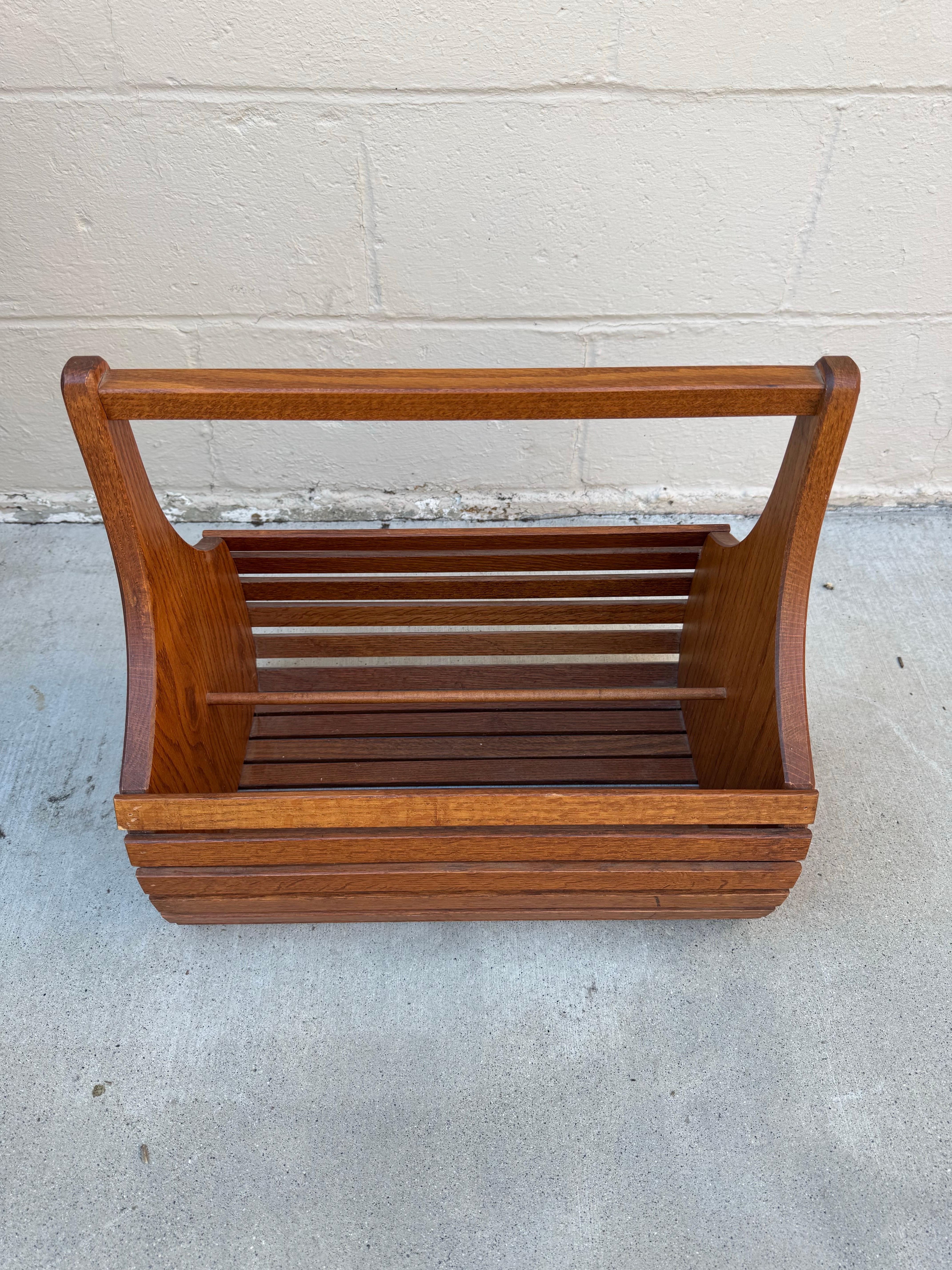 American Mid-Century Modern Wooden Slatted Magazine Basket Scandinavian Style For Sale