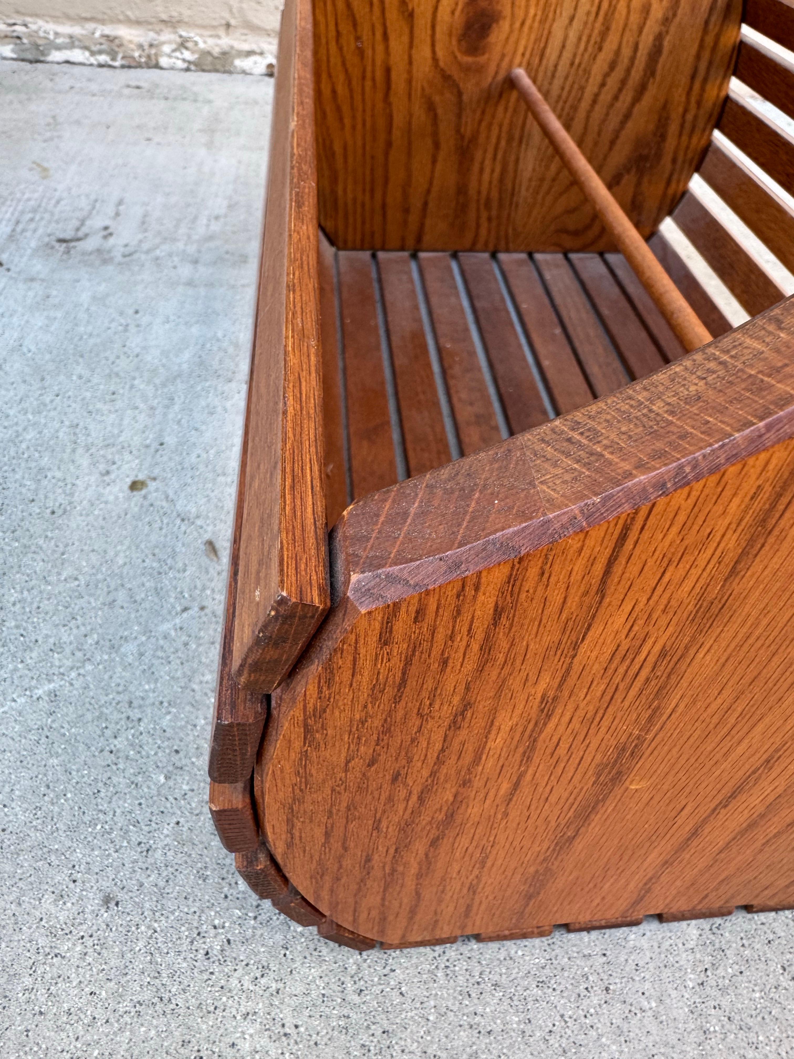 Mid-Century Modern Wooden Slatted Magazine Basket Scandinavian Style For Sale 1