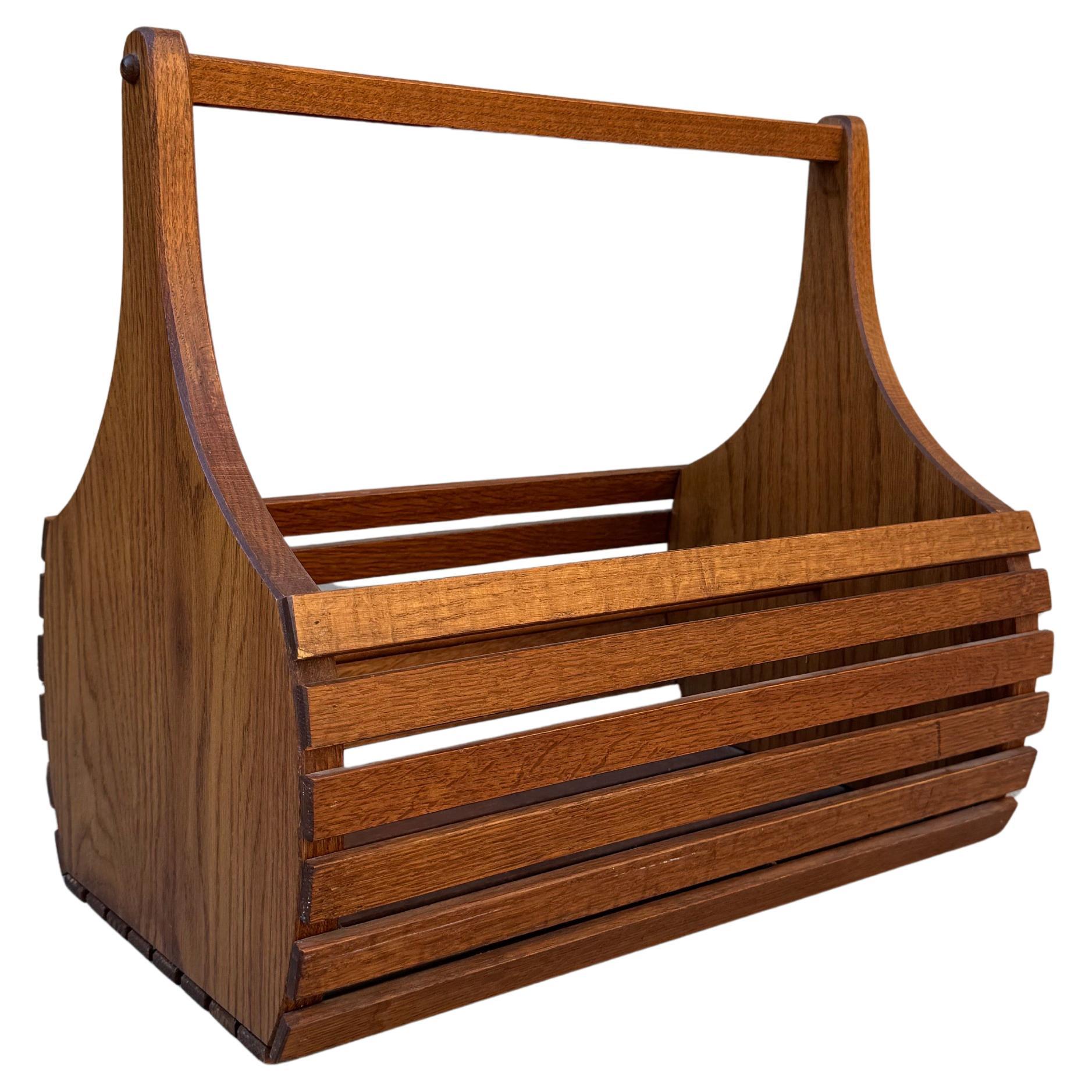 Mid-Century Modern Wooden Slatted Magazine Basket Scandinavian Style For Sale