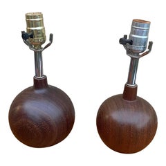 Mid-Century Modern Wooden Spherical Ball Lamps, a Pair