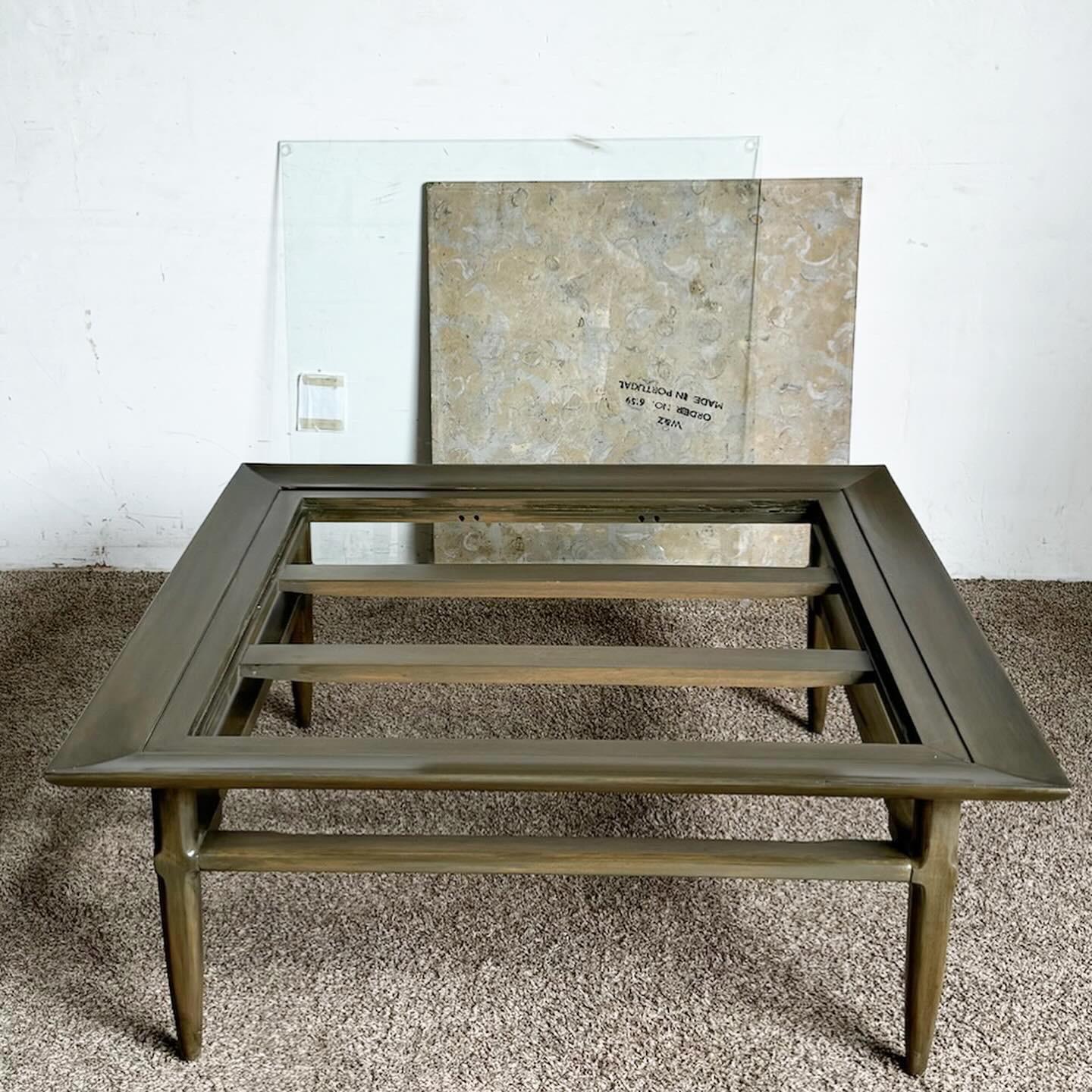 Glass Mid Century Modern Wooden Square Coffee Table With Portuguese Marble Inlayed Top For Sale