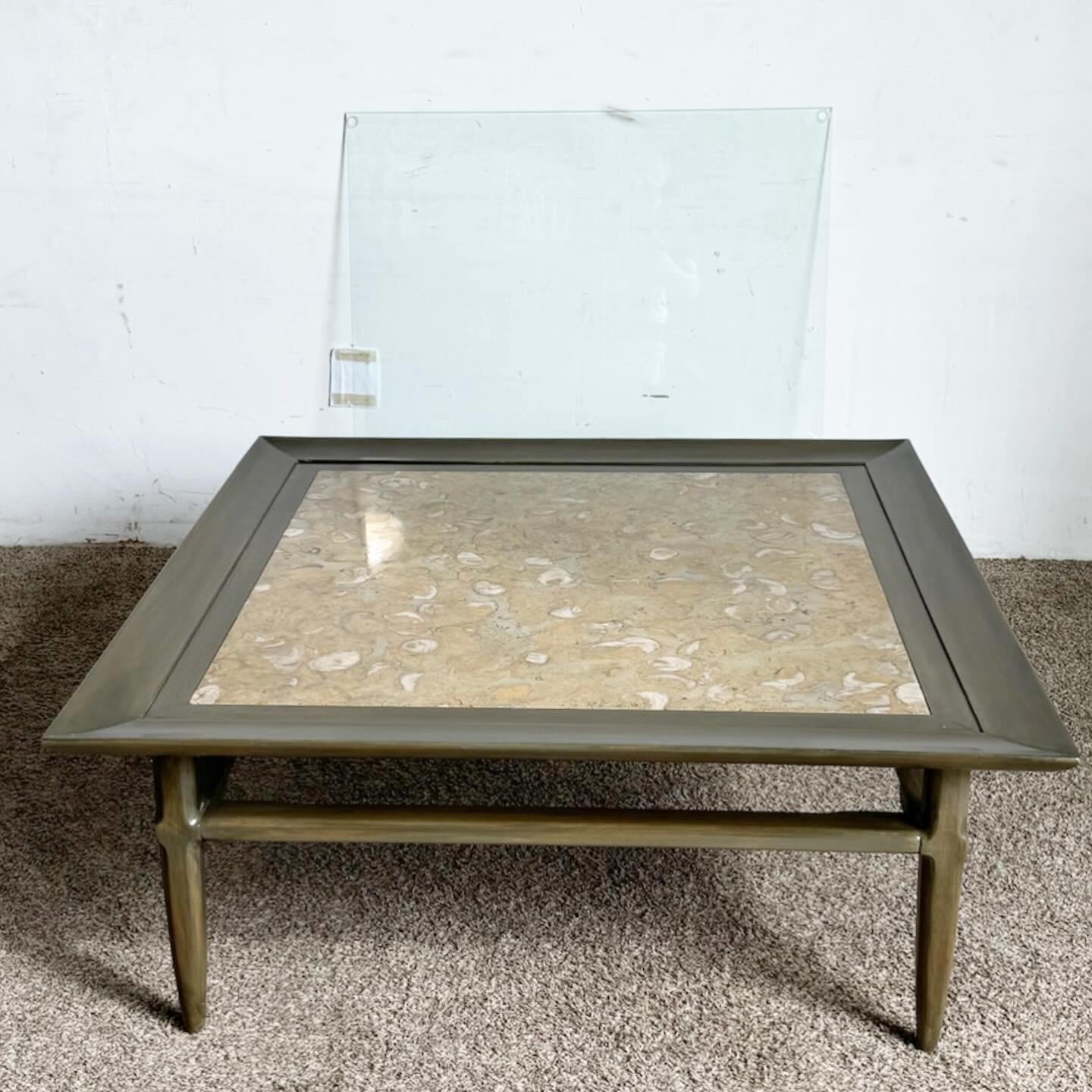 Mid Century Modern Wooden Square Coffee Table With Portuguese Marble Inlayed Top For Sale 2