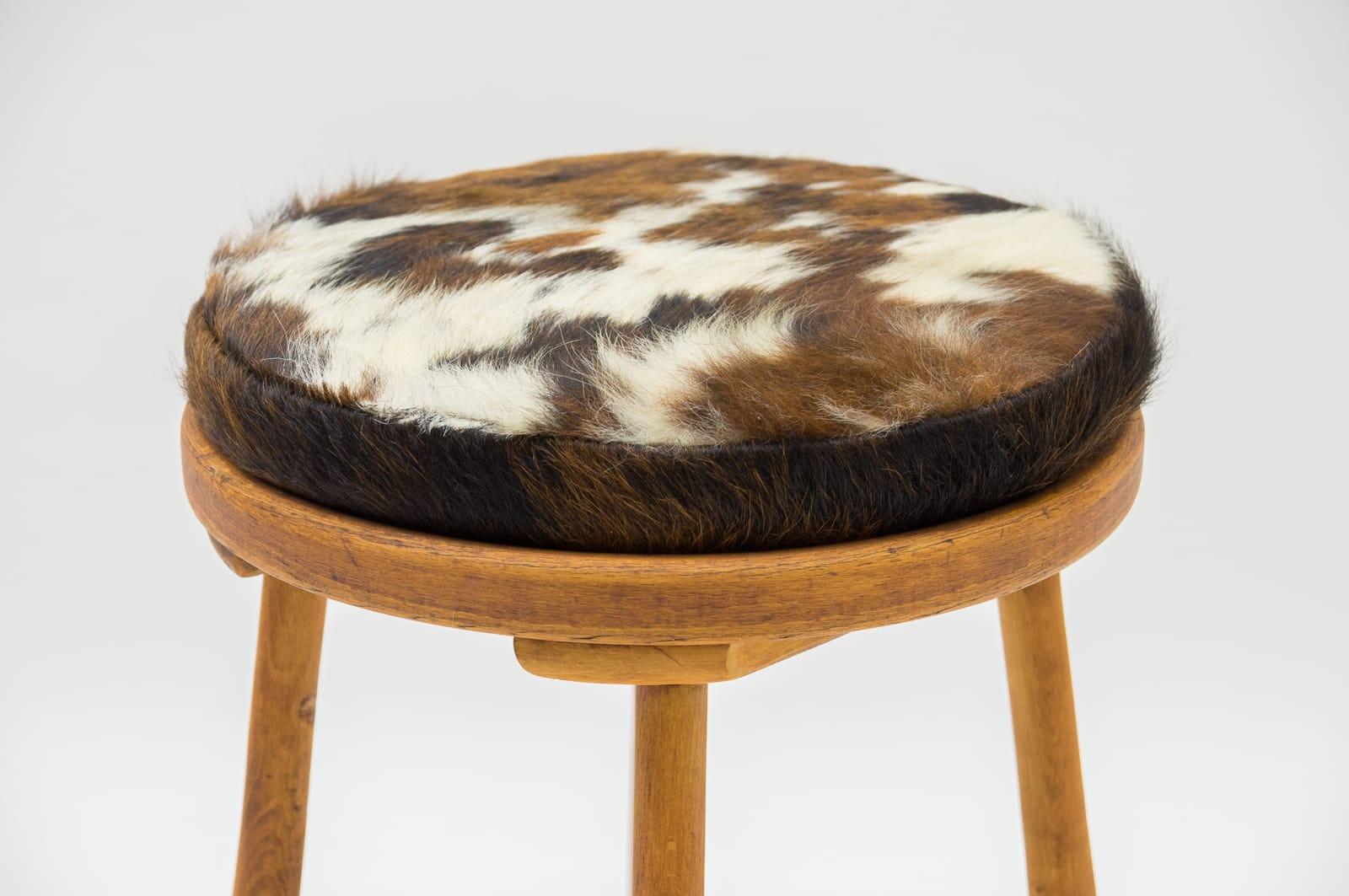 European Mid-Century Modern Wooden Stool with Cow Skin Upholstery, France, 1950s