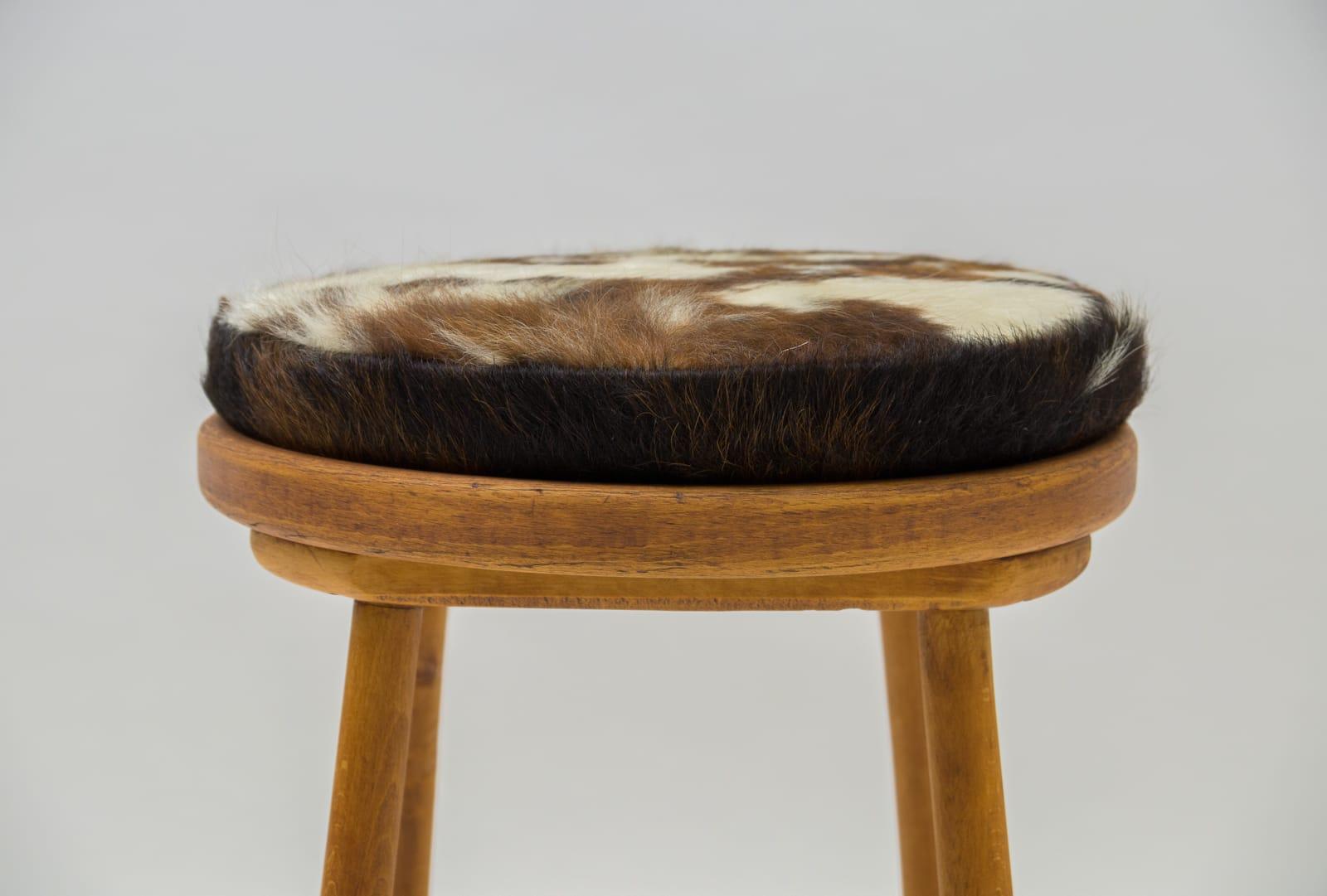 Mid-Century Modern Wooden Stool with Cow Skin Upholstery, France, 1950s In Good Condition In Nürnberg, Bayern