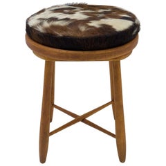 Mid-Century Modern Wooden Stool with Cow Skin Upholstery, France, 1950s