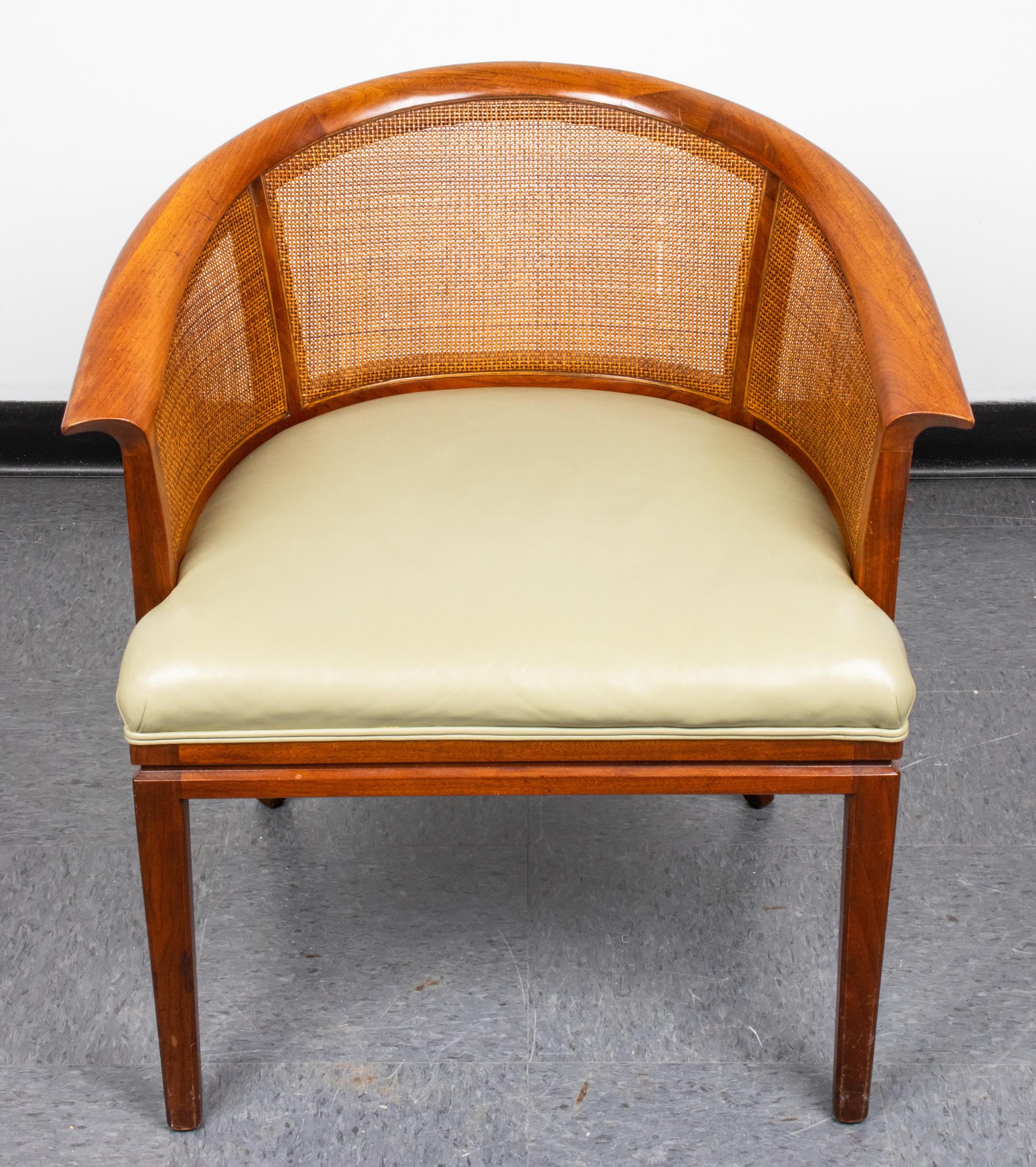 Wood Mid-Century Modern Wormley Style Barrel and Caned Back Armchairs