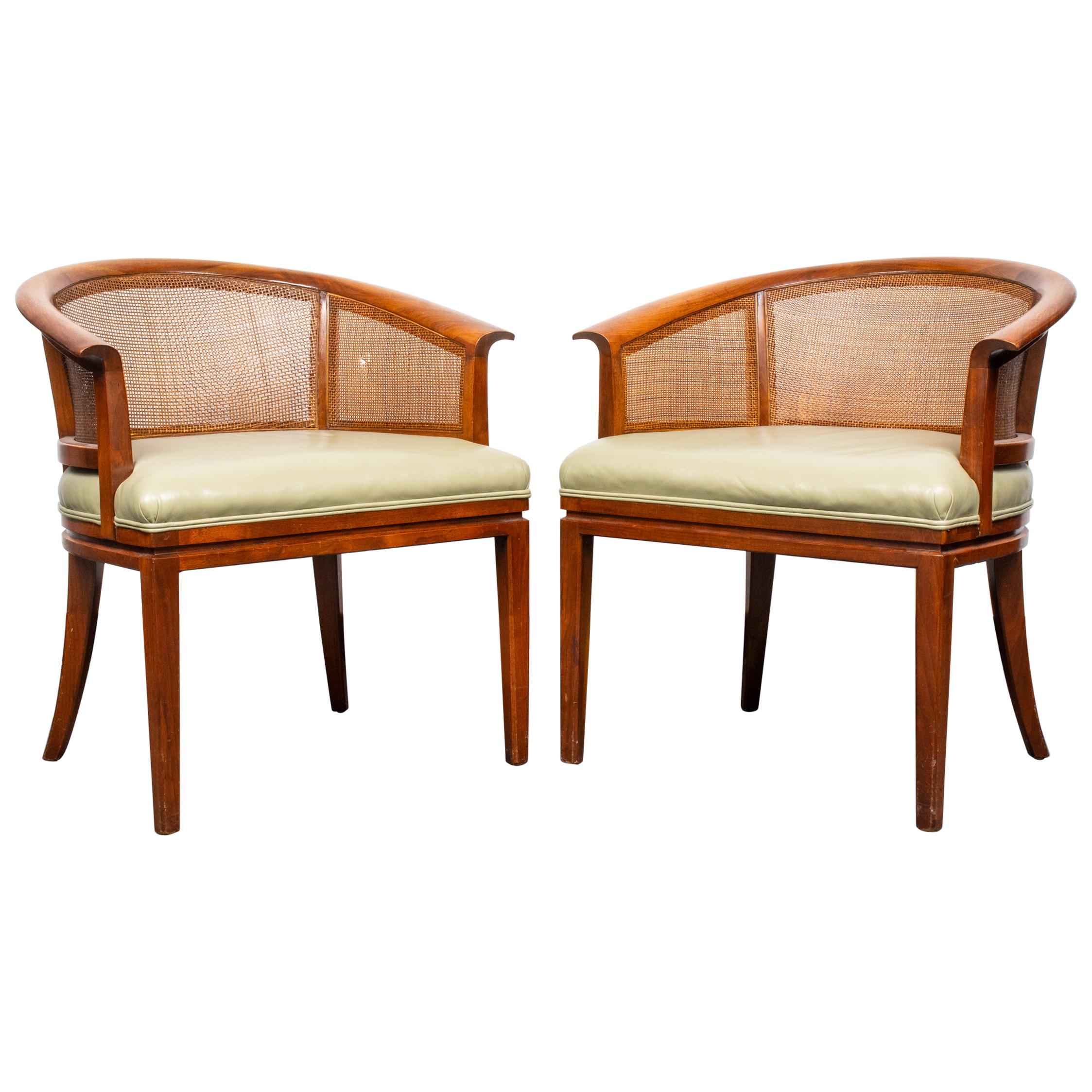 Mid-Century Modern Wormley Style Barrel and Caned Back Armchairs