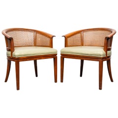 Mid-Century Modern Wormley Style Barrel and Caned Back Armchairs