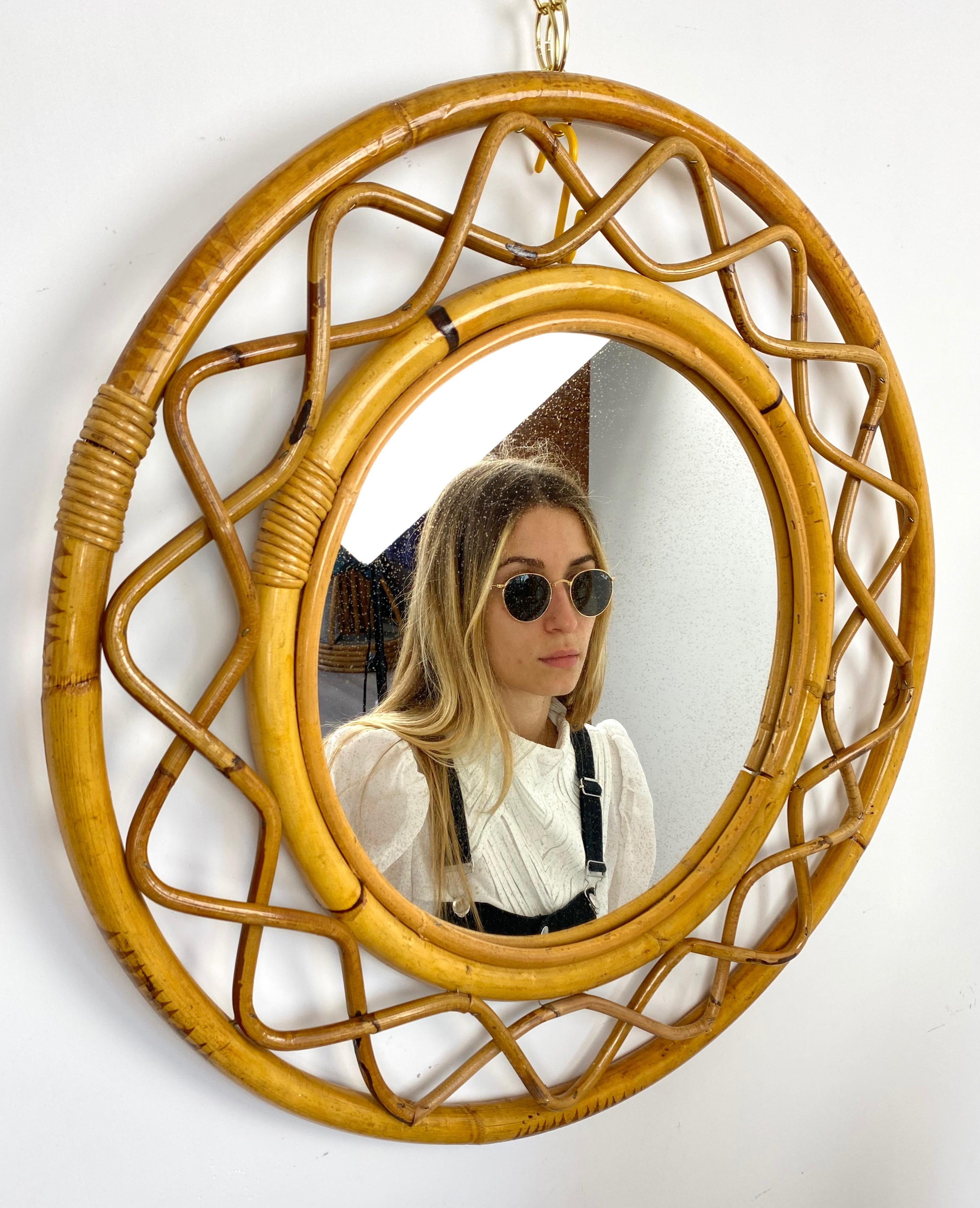 Italian Mid-Century Modern Woven Bamboo and Rattan Round Wall Mirror, Italy, 1960s