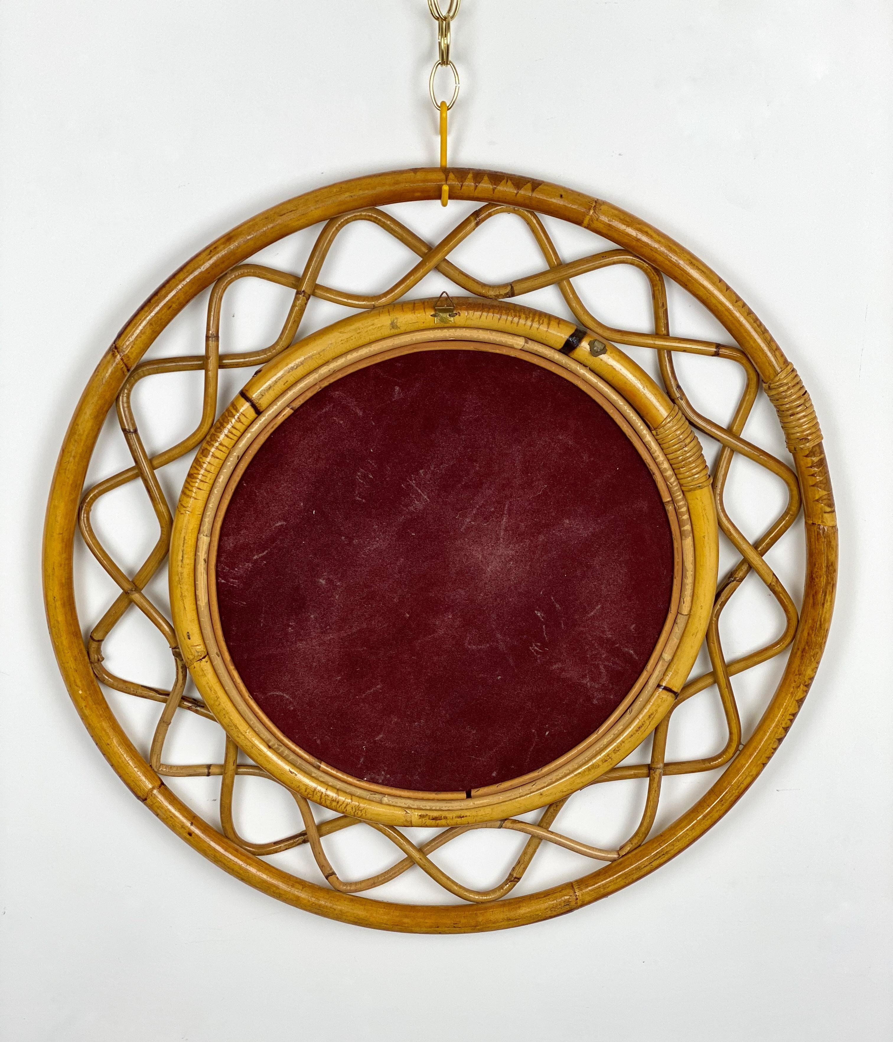 Mid-20th Century Mid-Century Modern Woven Bamboo and Rattan Round Wall Mirror, Italy, 1960s