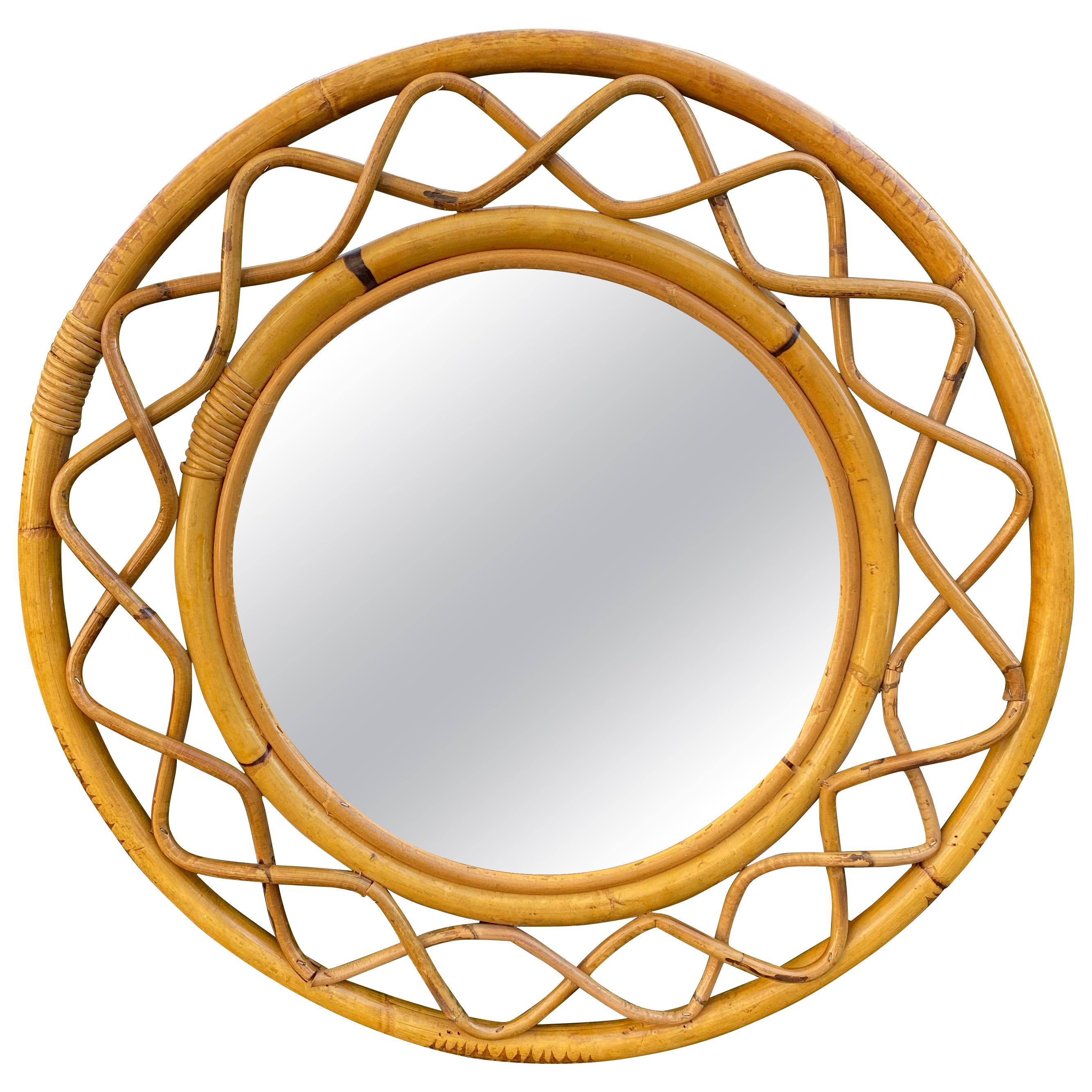 Mid-Century Modern Woven Bamboo and Rattan Round Wall Mirror, Italy, 1960s