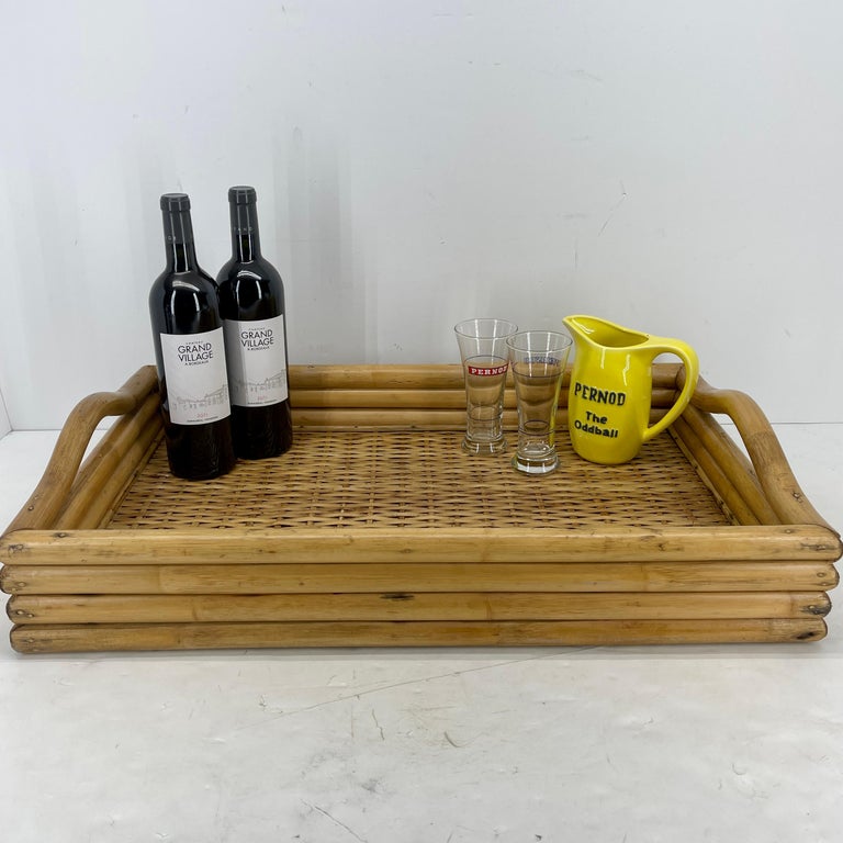 MidCentury Modern Woven Bamboo and Rattan Serving Tray at 1stDibs