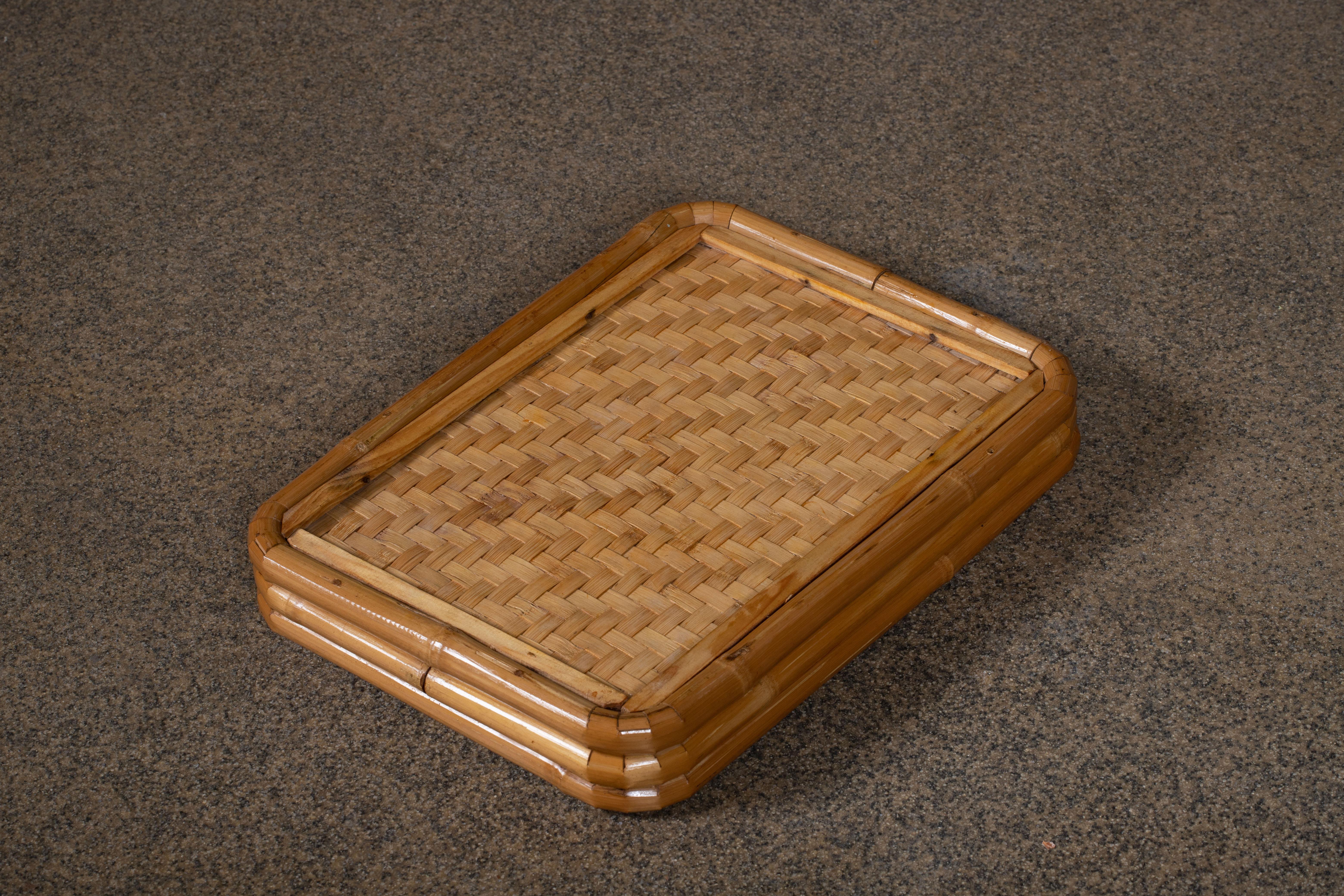 Italian Mid-Century Modern Woven Bamboo and Rattan Serving Tray, Italy For Sale