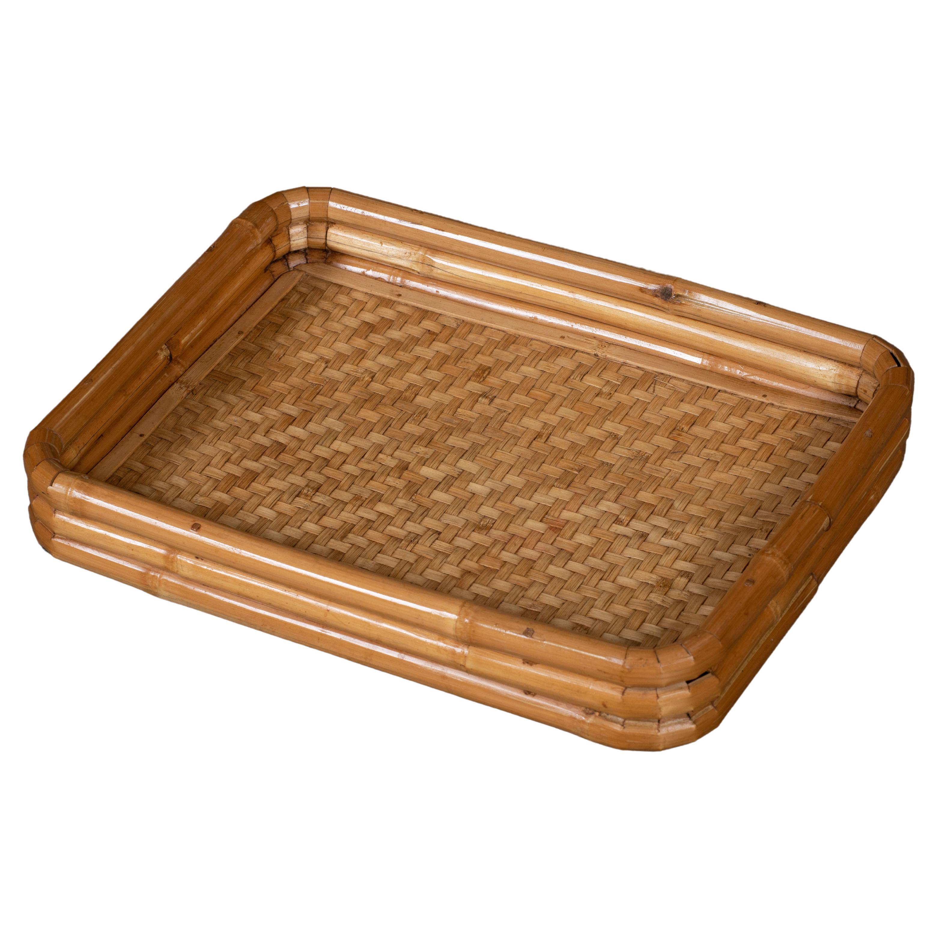 Mid-Century Modern Woven Bamboo and Rattan Serving Tray, Italy For Sale