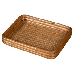 Vintage Mid-Century Modern Woven Bamboo and Rattan Serving Tray, Italy