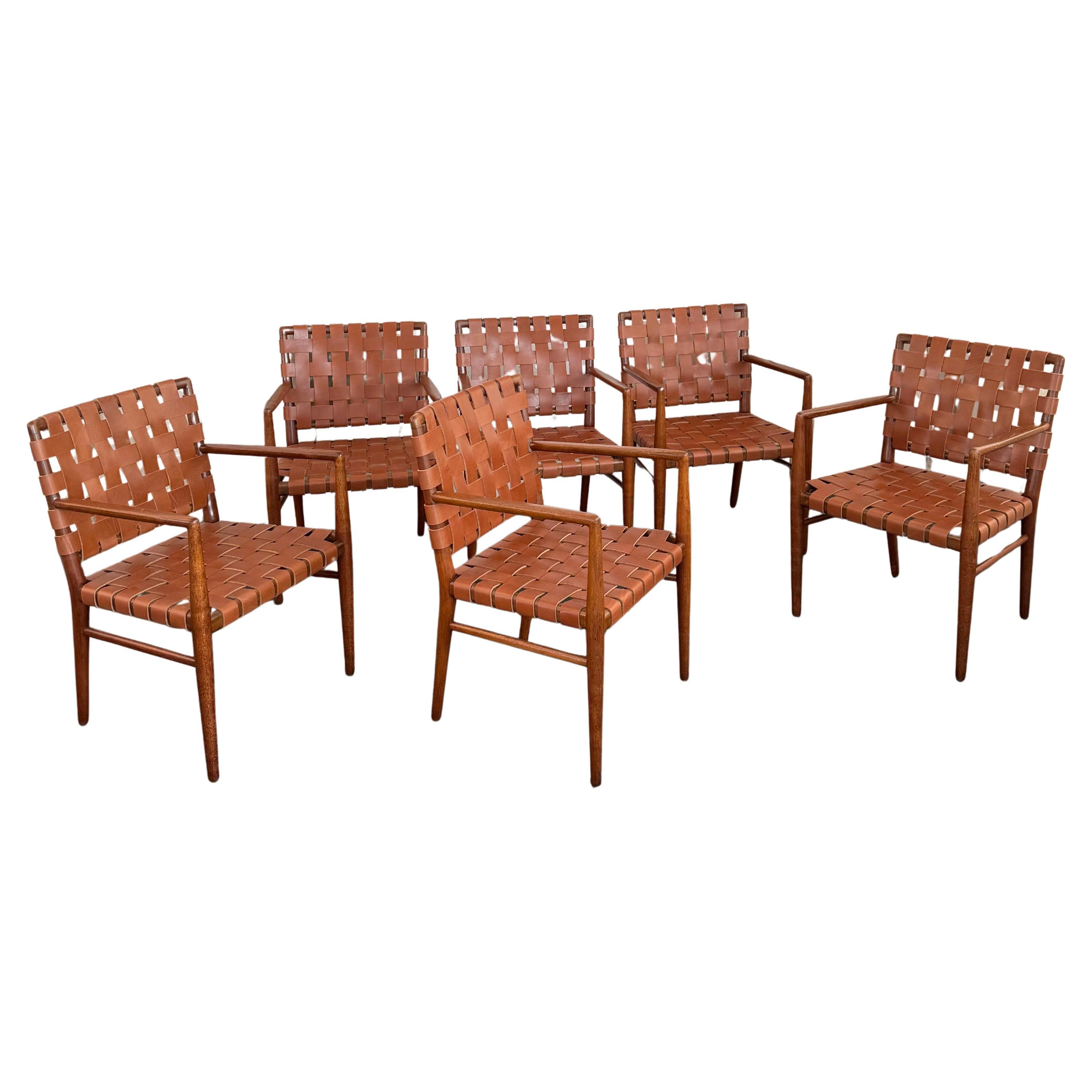 Mid-Century Modern Woven Leather Mahogany Dining Armchairs For Sale