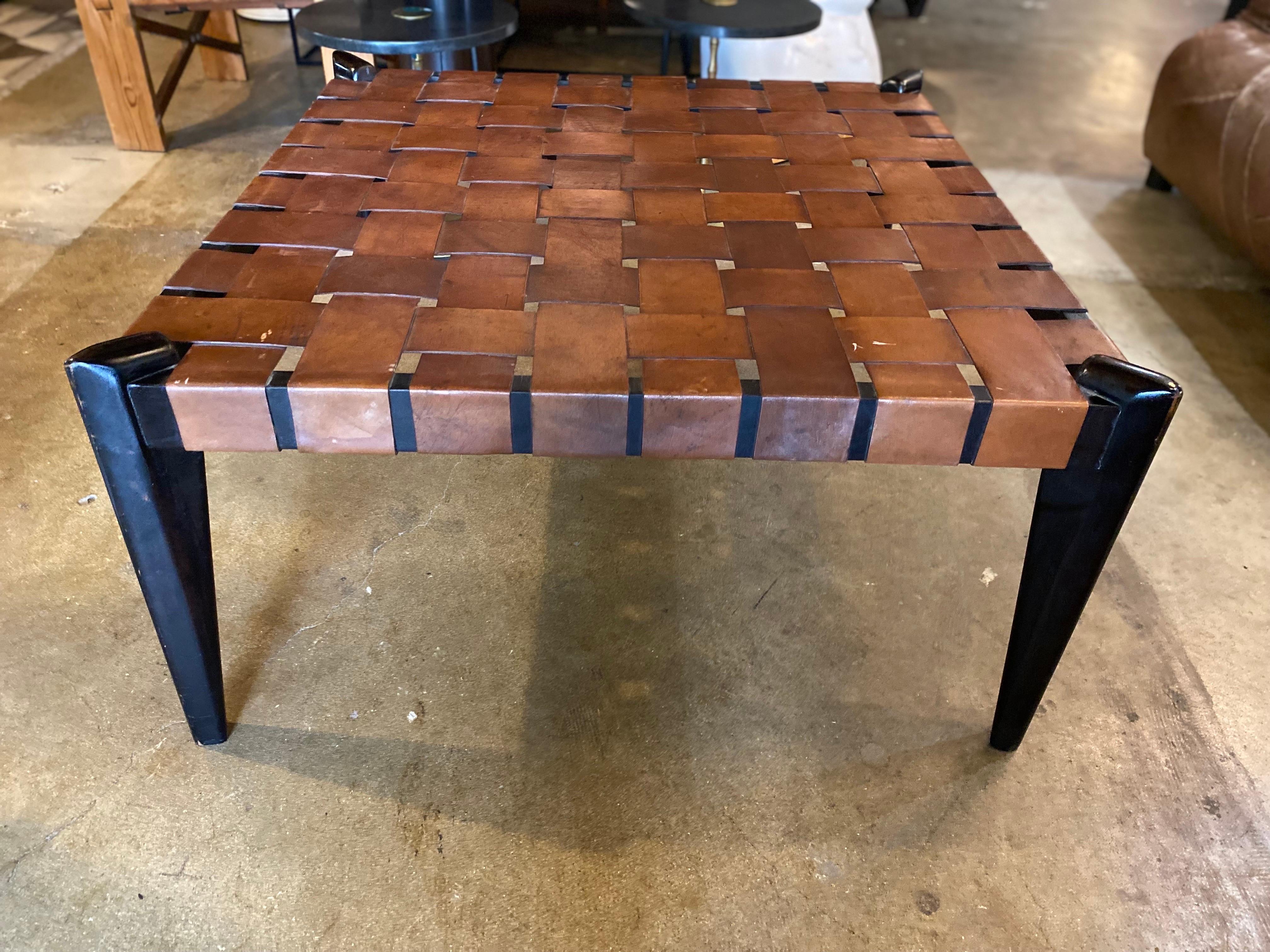 Mid-Century Modern Woven Leather Table in the Style of Edmond Spence In Good Condition For Sale In San Antonio, TX