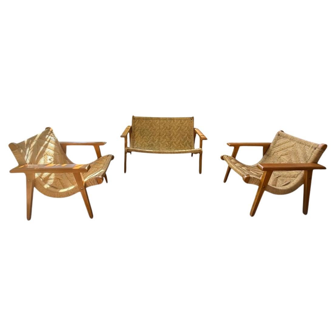 Mid-Century Modern Woven Lounge chairs and Loveseat, circa 1960 For Sale