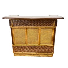 Mid Century Modern Woven Rattan and Bamboo Bar With Two Bar Stools