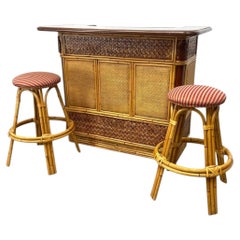 Mid Century Modern Woven Rattan and Bamboo Bar With Two Bar Stools