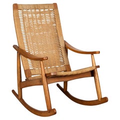 Mid-Century Modern Woven Rocking Chair in the Style of Hans Wegner