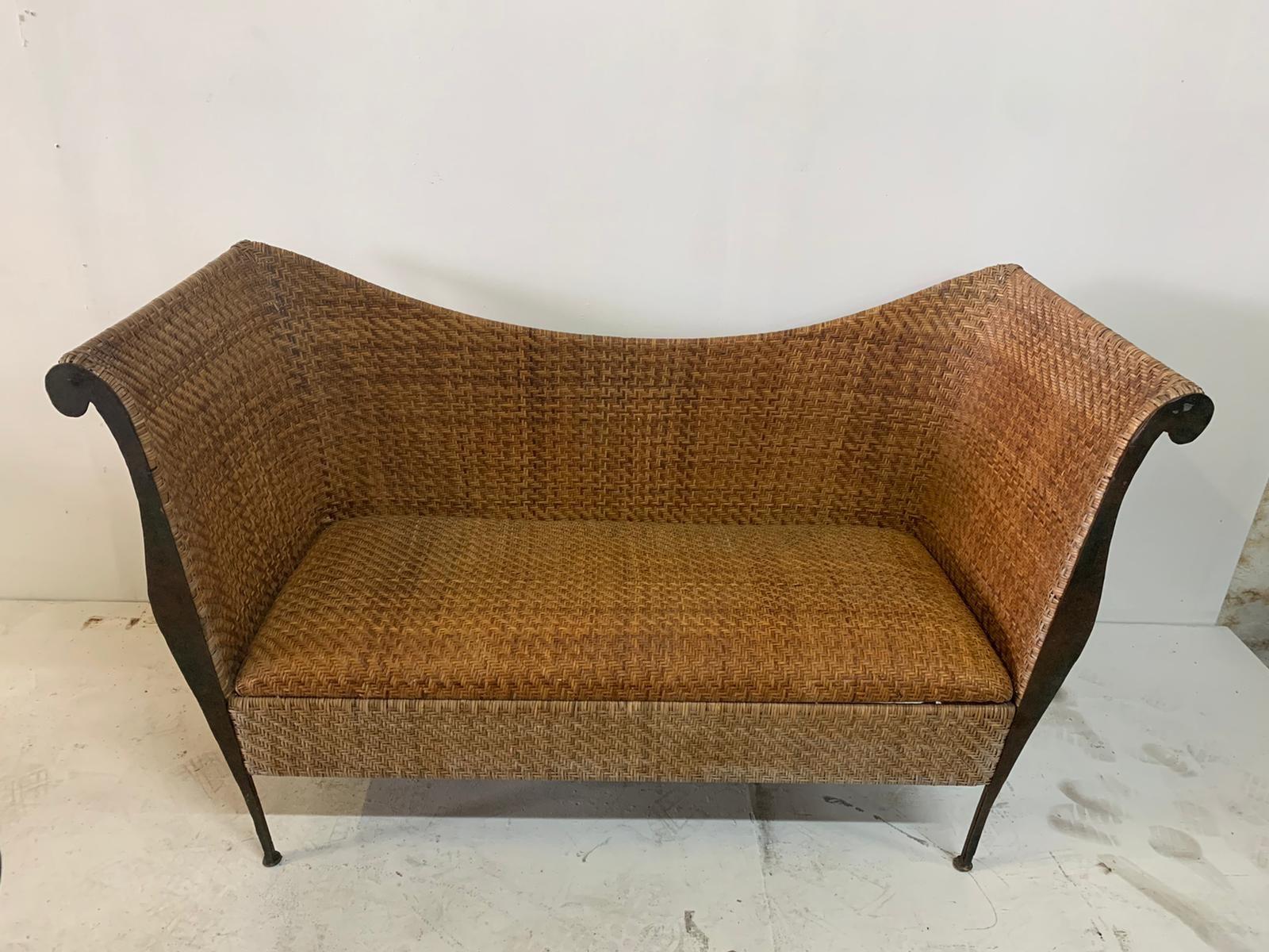 Mid-Century Modern Woven Wicker and Iron Canapé/Sofa 7