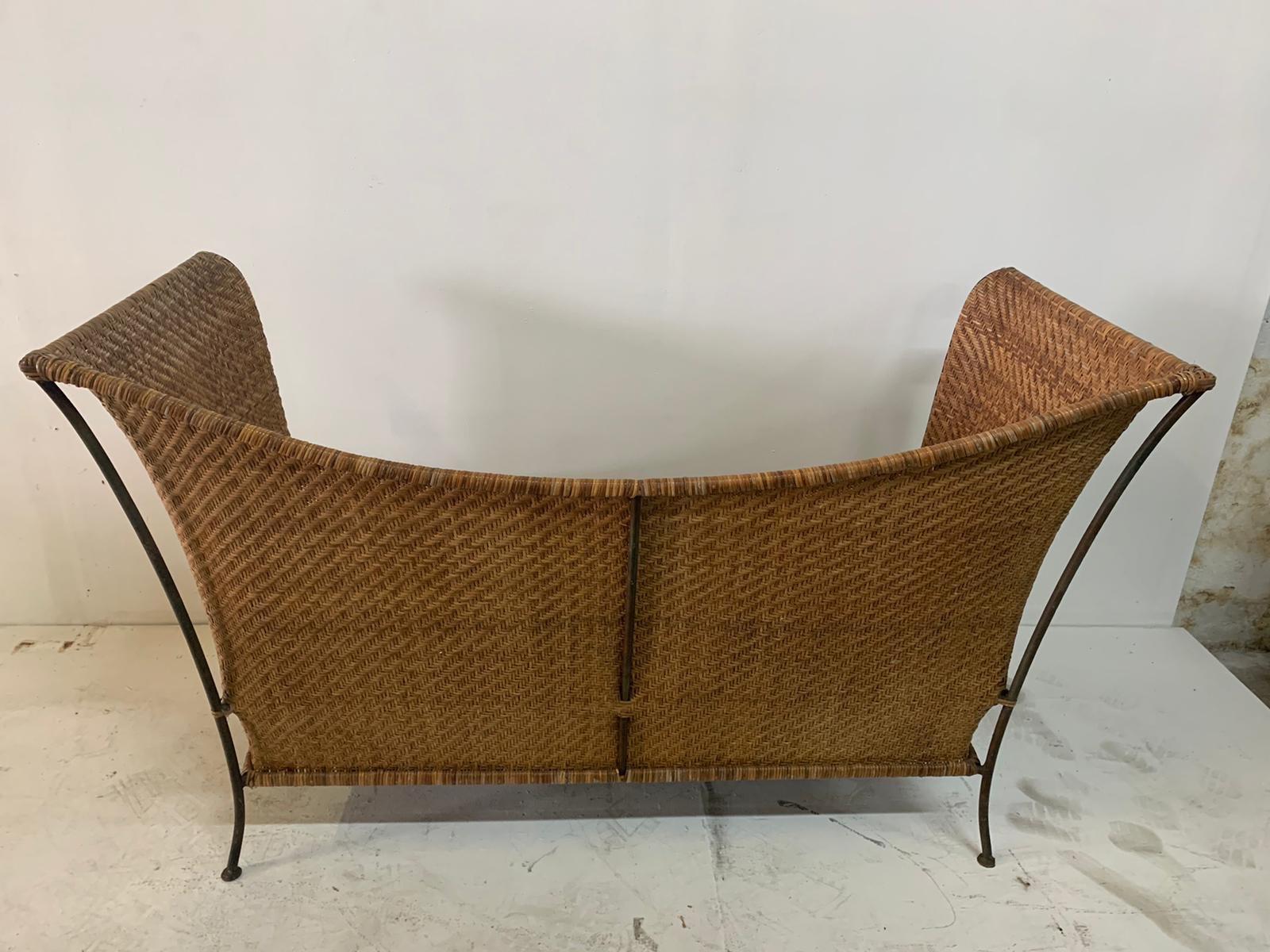 American Mid-Century Modern Woven Wicker and Iron Canapé/Sofa