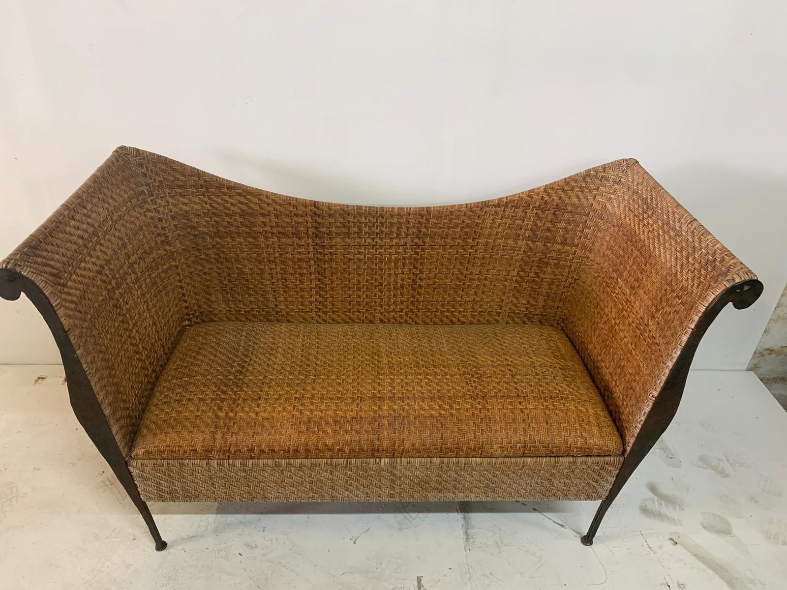 Mid-Century Modern Woven Wicker and Iron Canapé/Sofa 2