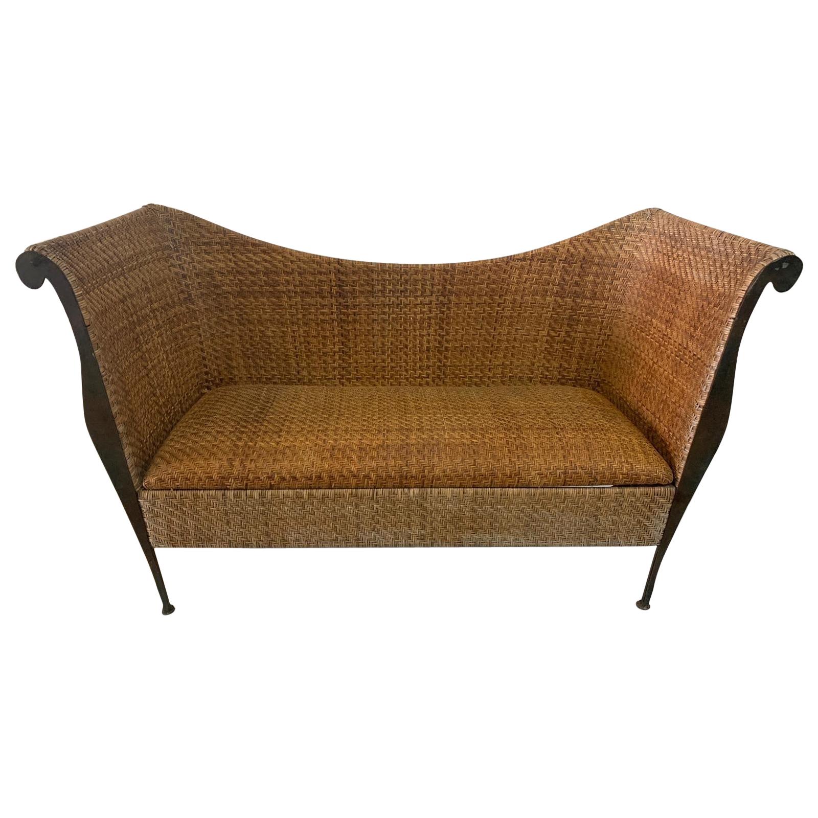 Mid-Century Modern Woven Wicker and Iron Canapé/Sofa