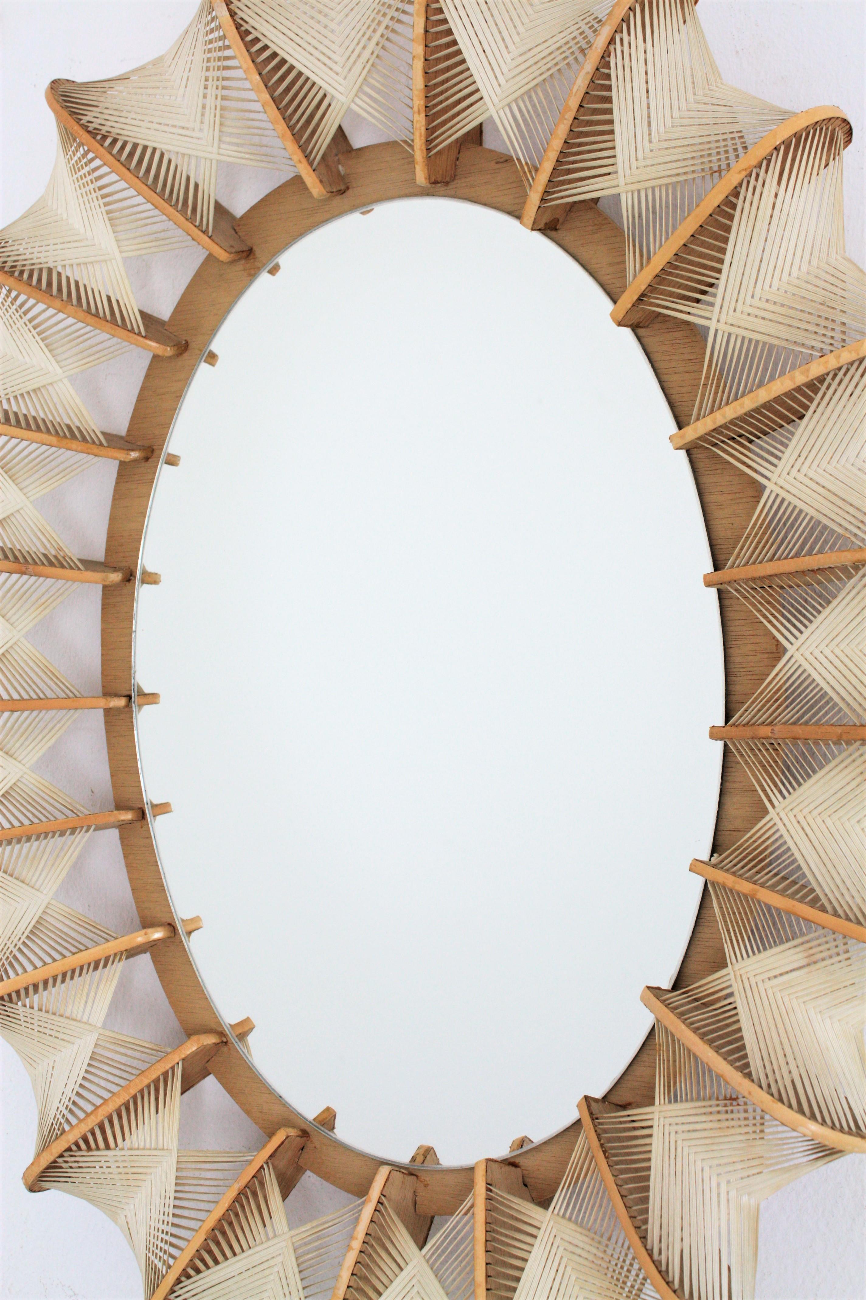 Mid-Century Modern Woven Wicker and Rattan Wooden Oval Mirror, France, 1960s 3