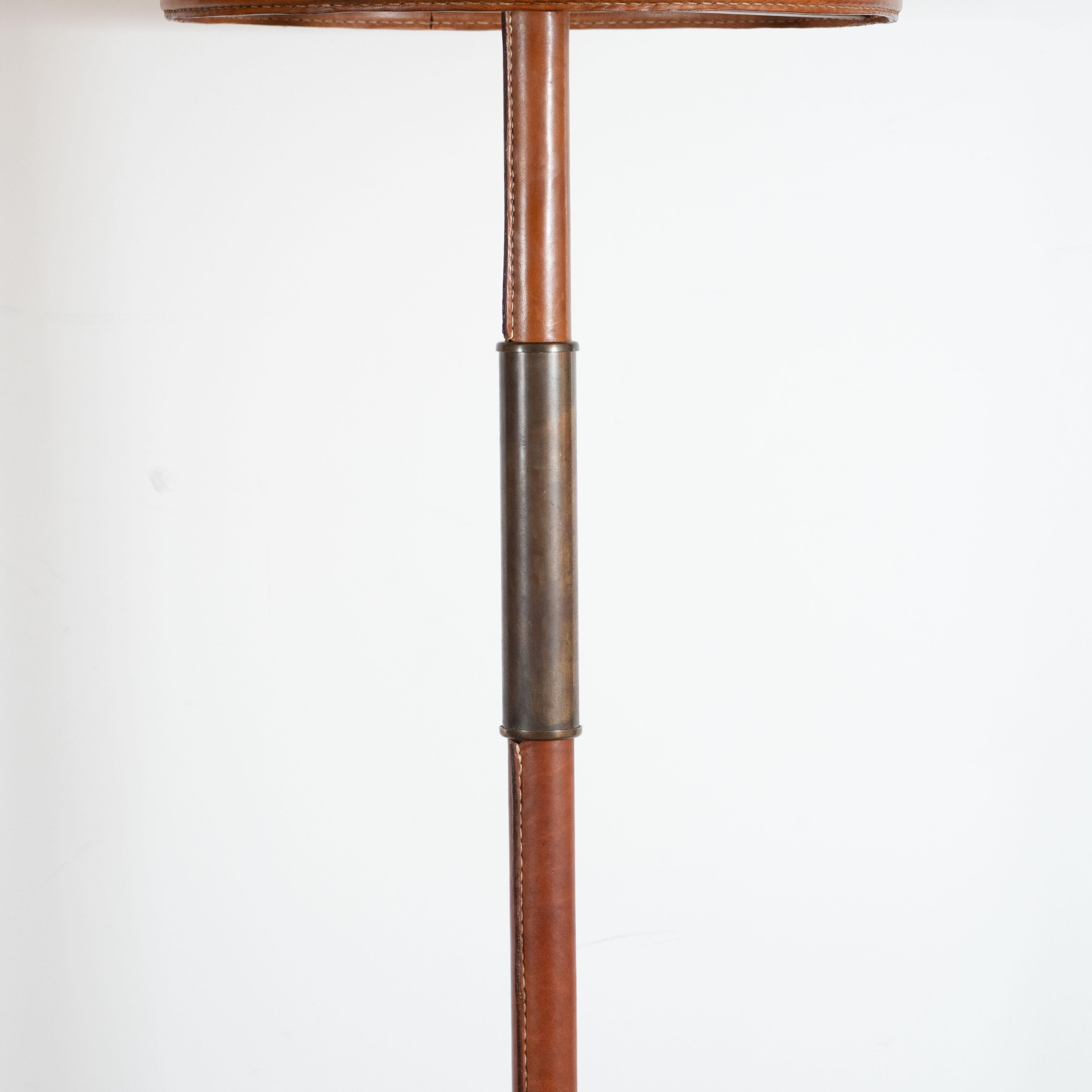 French Mid-Century Modern Wrapped Leather and Bronze Floor Lamp, Style of Jacques Adnet