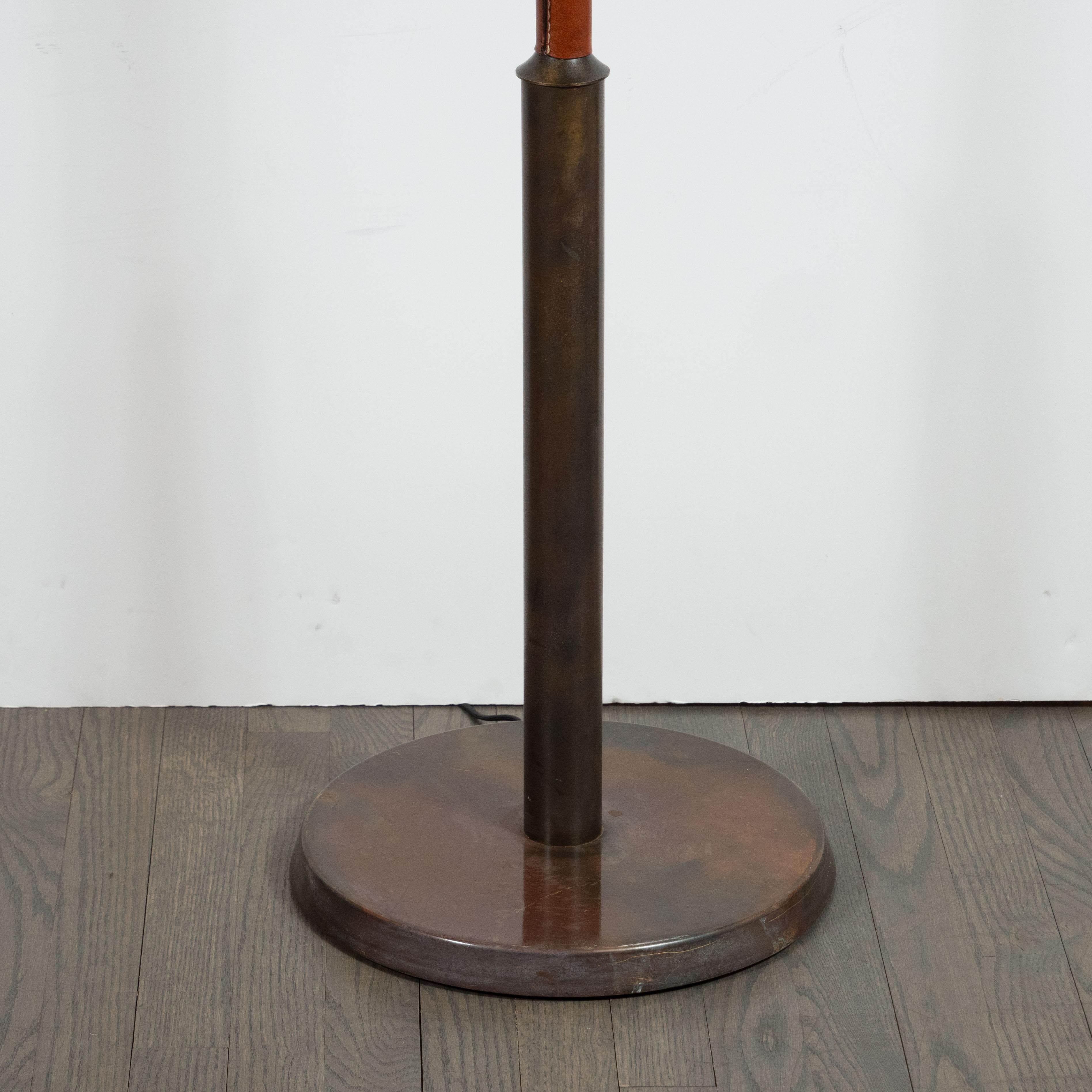 Mid-Century Modern Wrapped Leather and Bronze Floor Lamp, Style of Jacques Adnet In Excellent Condition In New York, NY