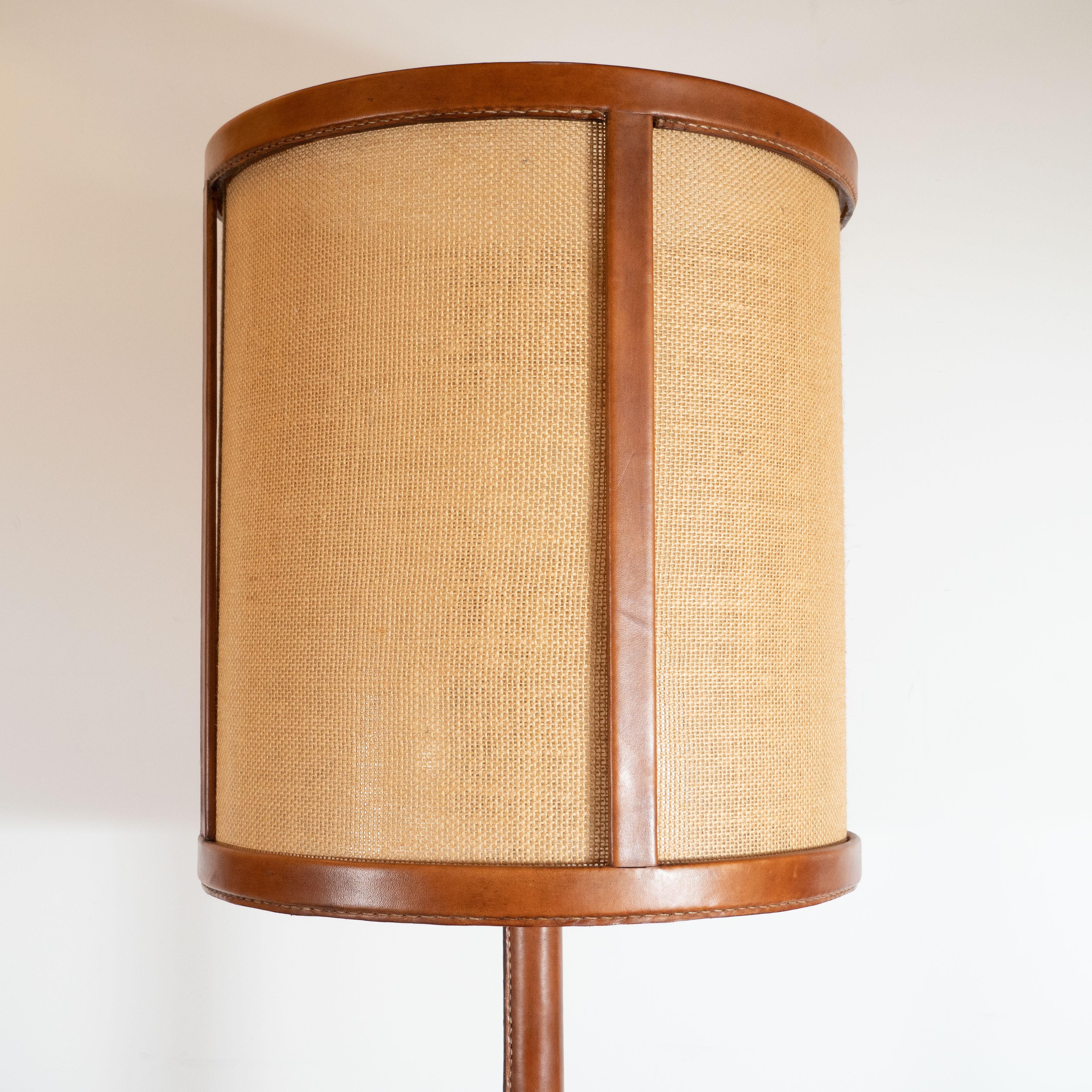 Mid-Century Modern Wrapped Leather and Bronze Floor Lamp, Style of Jacques Adnet 1