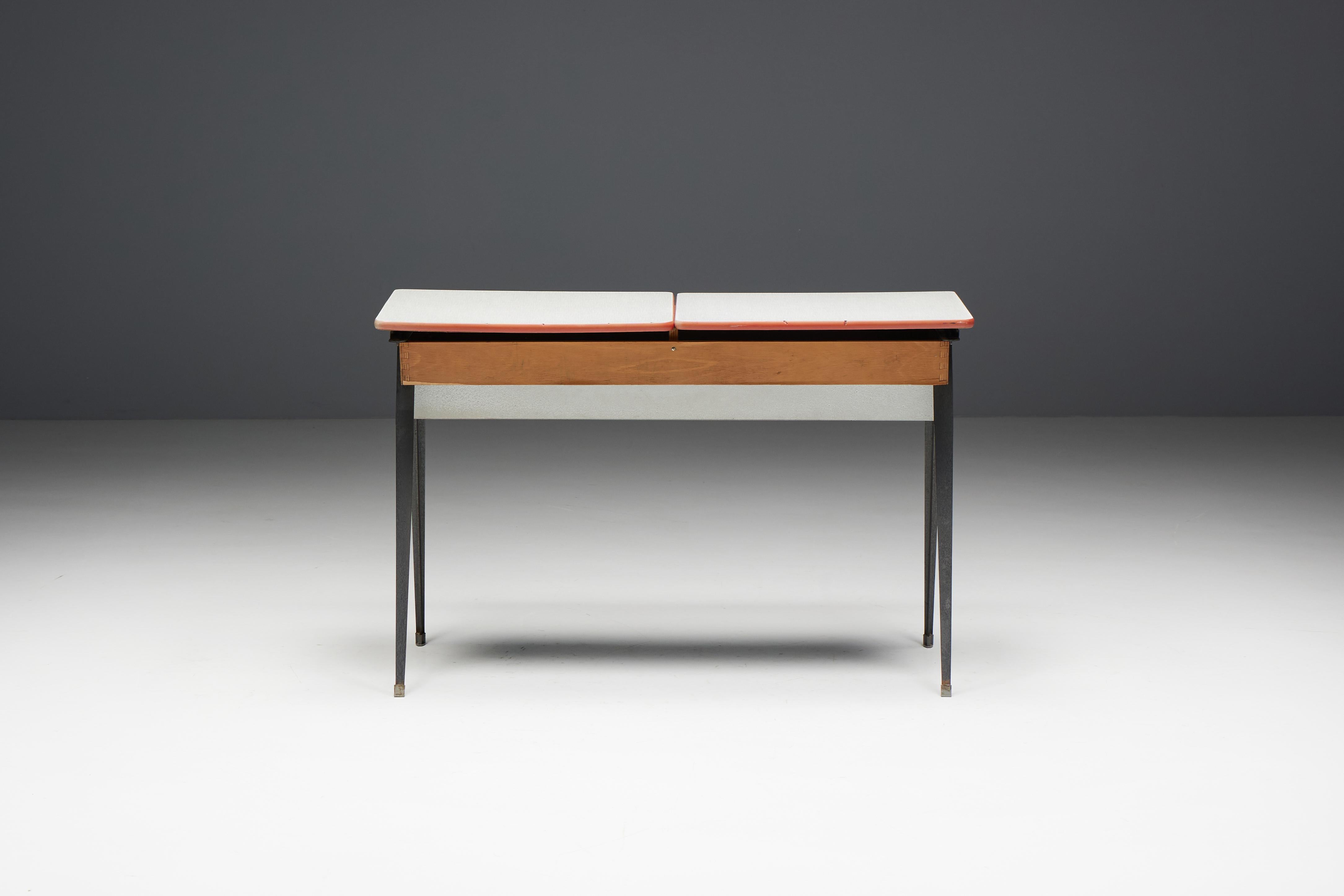 Sleek writing desk featuring a dual-panel tabletop with a crisp white finish and red trim. This piece offers a minimalist aesthetic perfect for any contemporary space. The sturdy metal legs and integrated wooden storage compartment ensure both