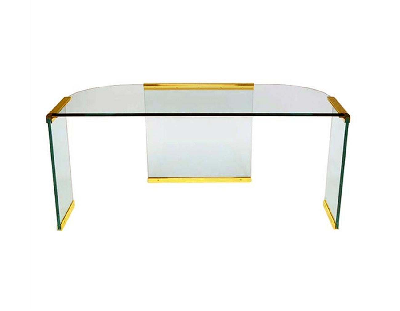 Mid-Century Modern Writing Table or Desk by Leon Rosen for Pace in Brass & Glass 1