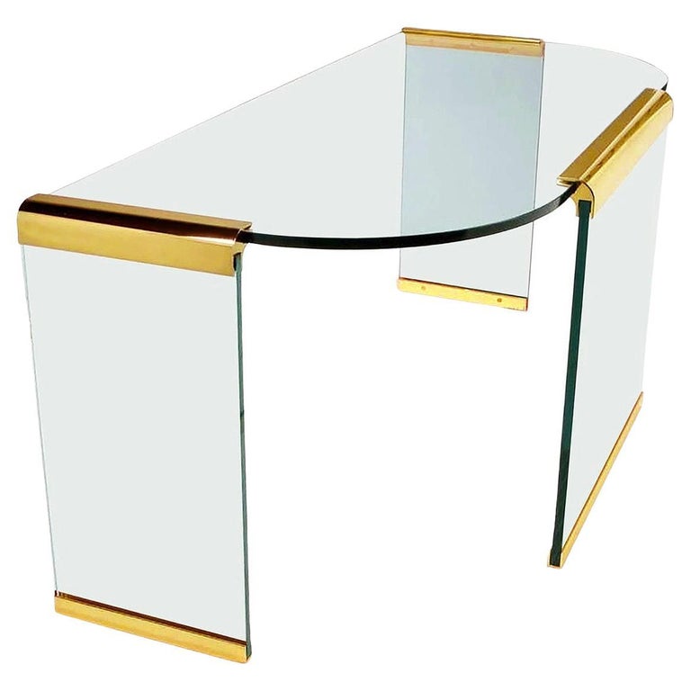 Mid-Century Modern Writing Table or Desk by Leon Rosen for Pace in Brass & Glass For Sale