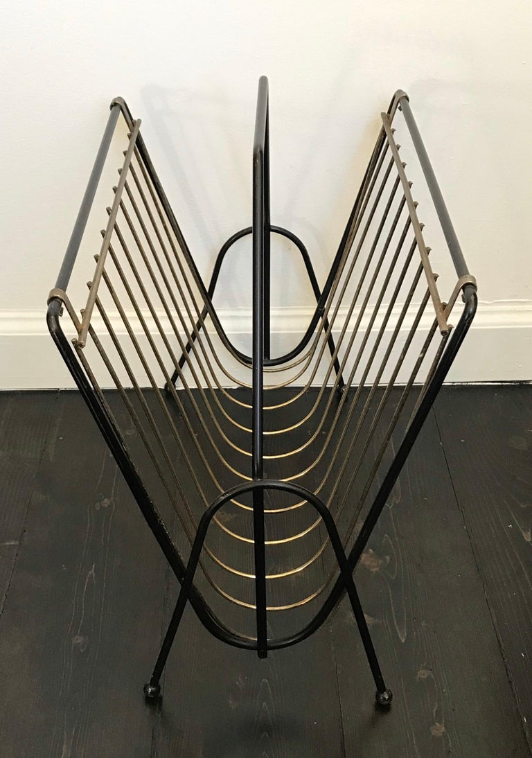 MidCentury Modern Wrought Iron and Brass Magazine Rack by Tony Paul