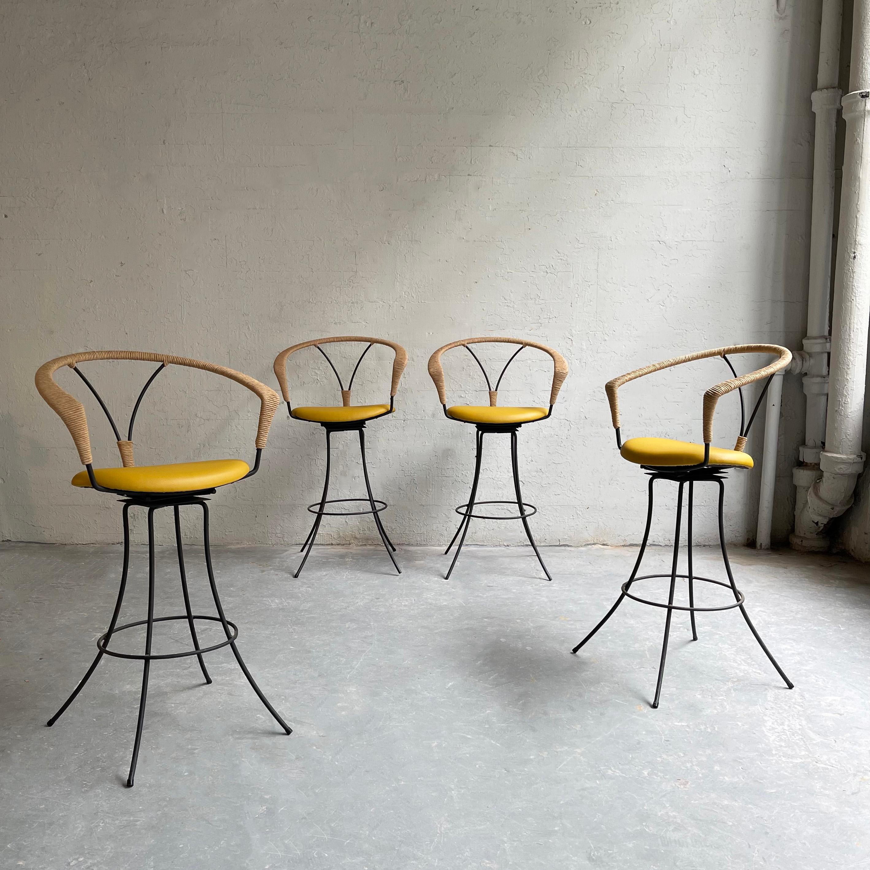 American Mid-Century Modern Wrought Iron and Rush Swivel Bar Stools For Sale