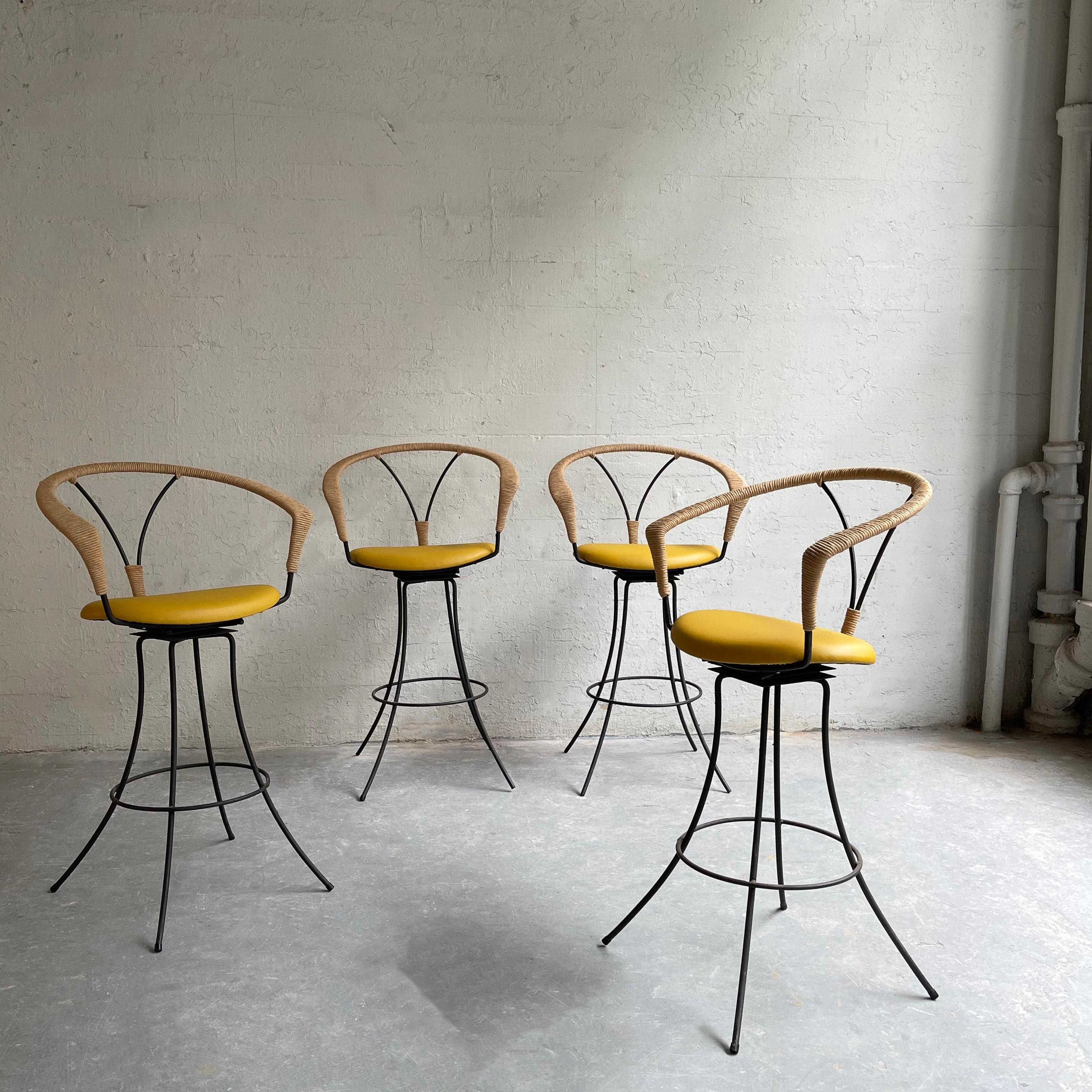 Hand-Woven Mid-Century Modern Wrought Iron and Rush Swivel Bar Stools For Sale