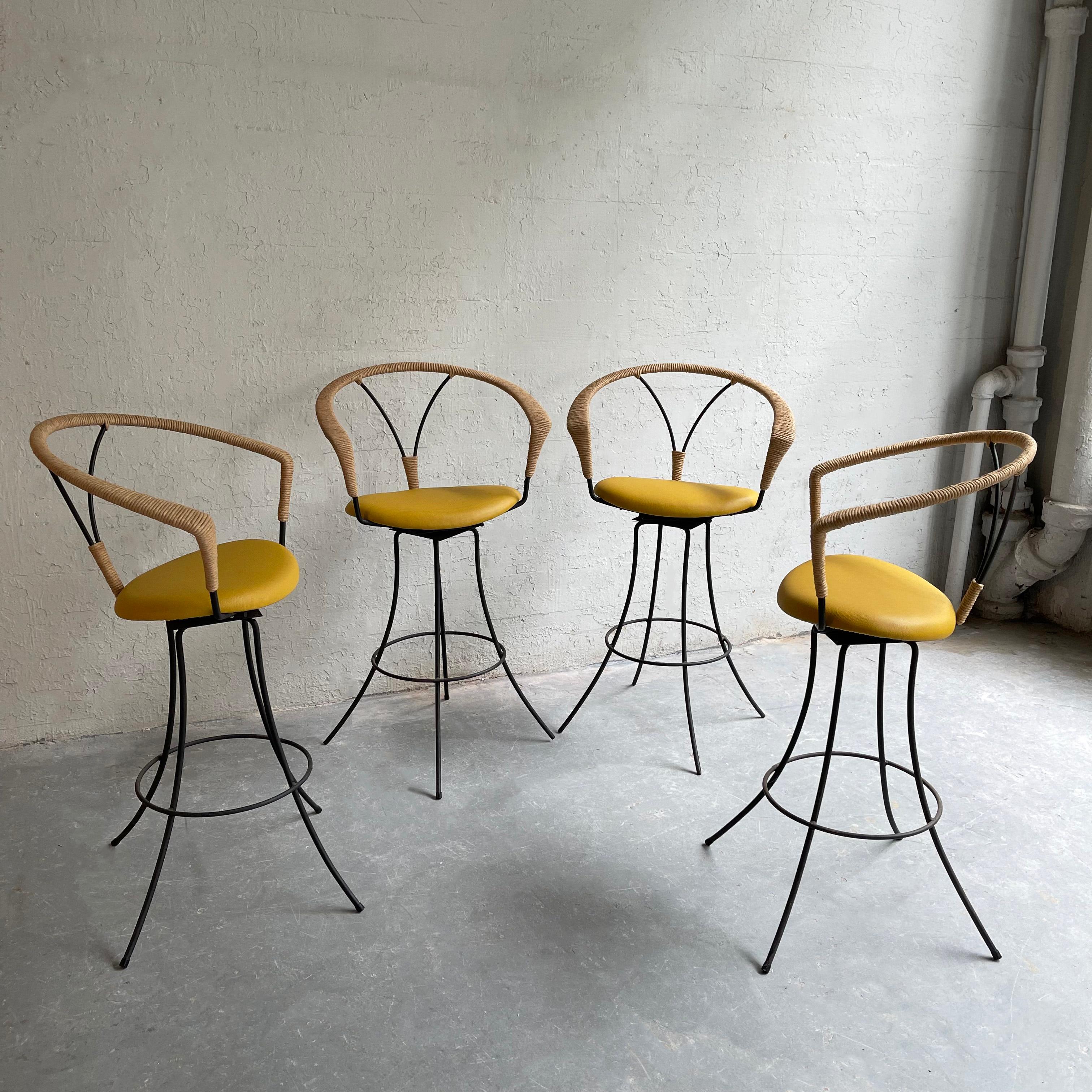 Mid-Century Modern Wrought Iron and Rush Swivel Bar Stools In Good Condition For Sale In Brooklyn, NY