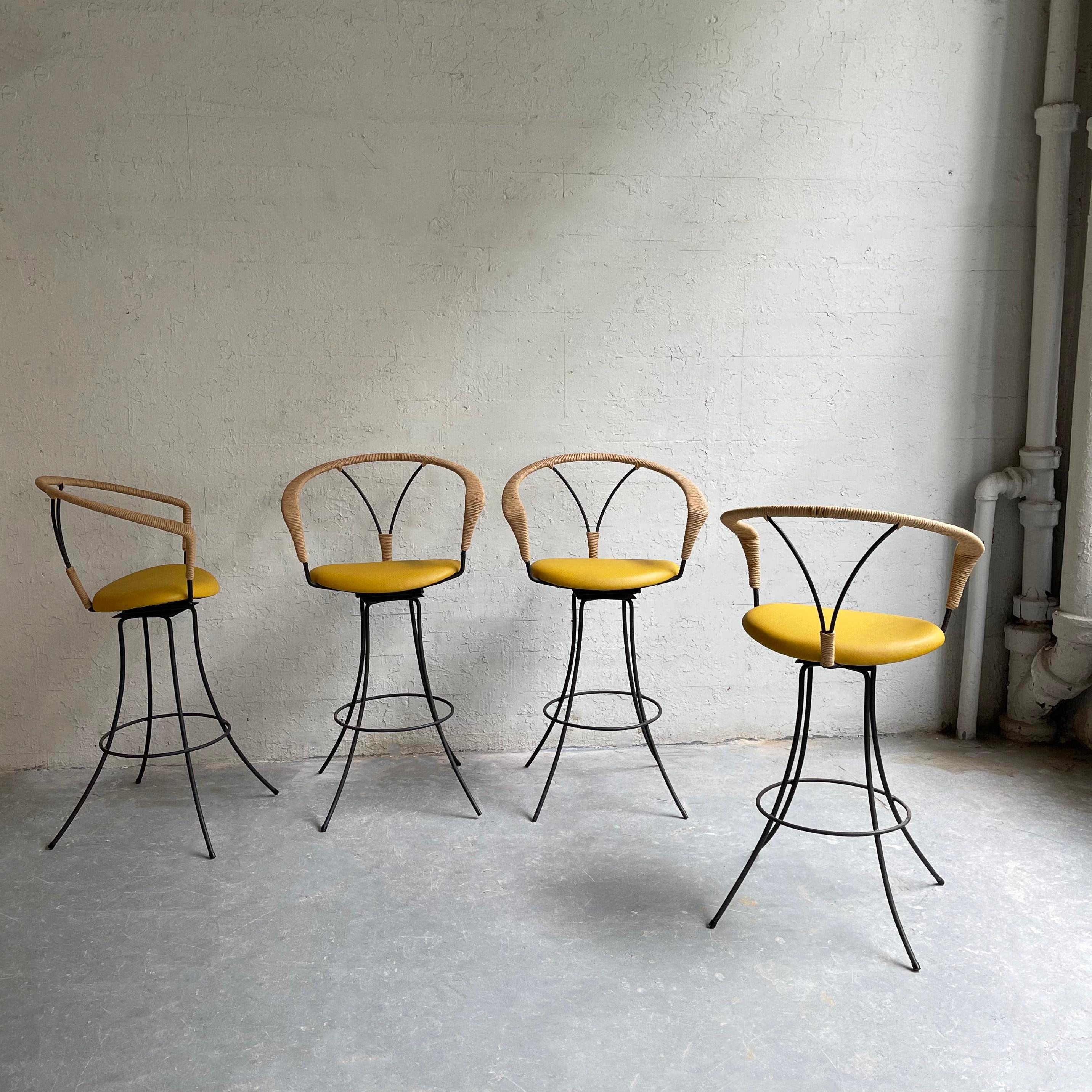 Leather Mid-Century Modern Wrought Iron and Rush Swivel Bar Stools For Sale