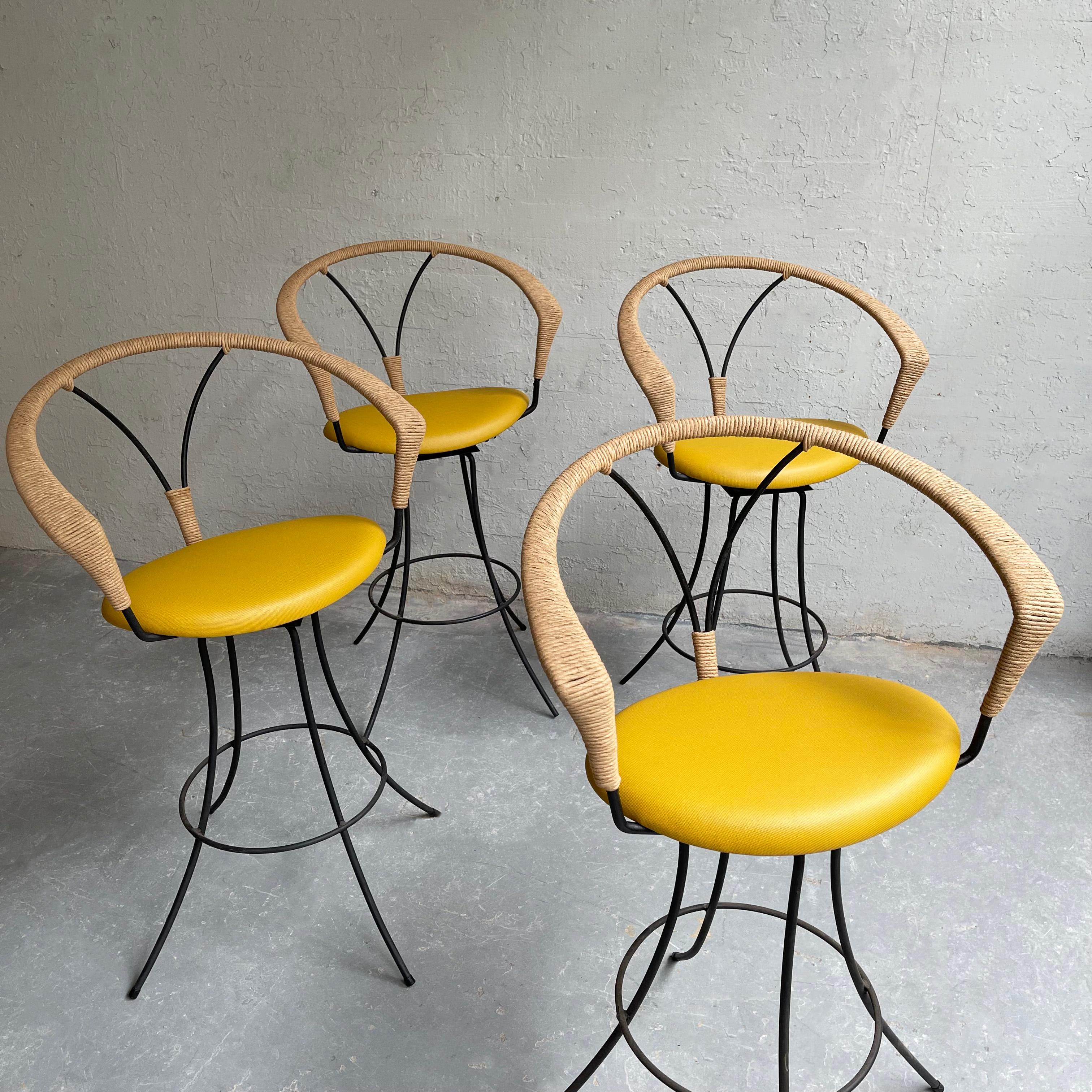 Mid-Century Modern Wrought Iron and Rush Swivel Bar Stools For Sale 1