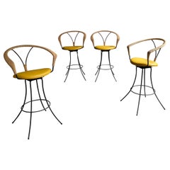 Mid-Century Modern Wrought Iron and Rush Swivel Bar Stools