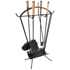 Mid-Century Modern Wrought Iron Fireplace Tools & Rattan Handles, 1950s, Germany