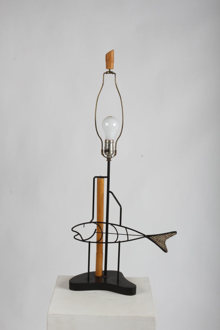 Mid-Century Modern Wrought Iron Fish From, Bamboo Table Lamp on Biomorphic Base For Sale 12