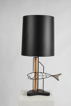 Mid-Century Modern Wrought Iron Fish From, Bamboo Table Lamp on Biomorphic Base