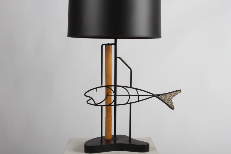 Mid-Century Modern Wrought Iron Fish From, Bamboo Table Lamp on Biomorphic Base In Good Condition For Sale In St. Louis, MO