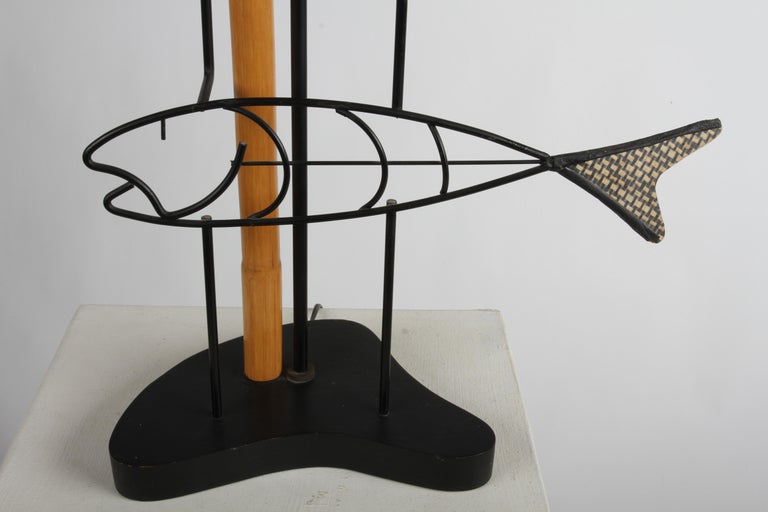 Mid-20th Century Mid-Century Modern Wrought Iron Fish From, Bamboo Table Lamp on Biomorphic Base For Sale